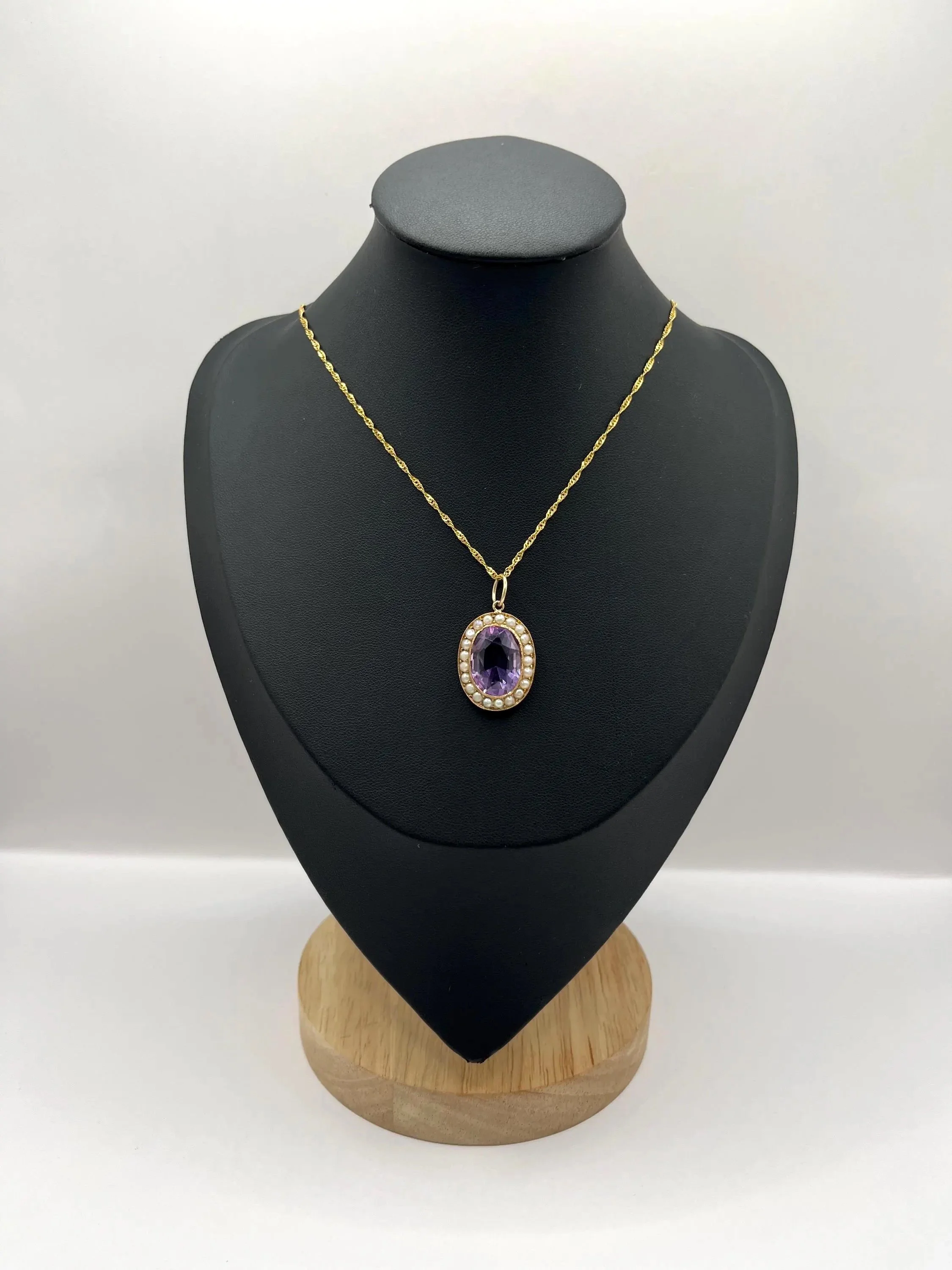 Antique 9ct Gold, Amethyst & Pearl Oval Pendant, Circa 1910