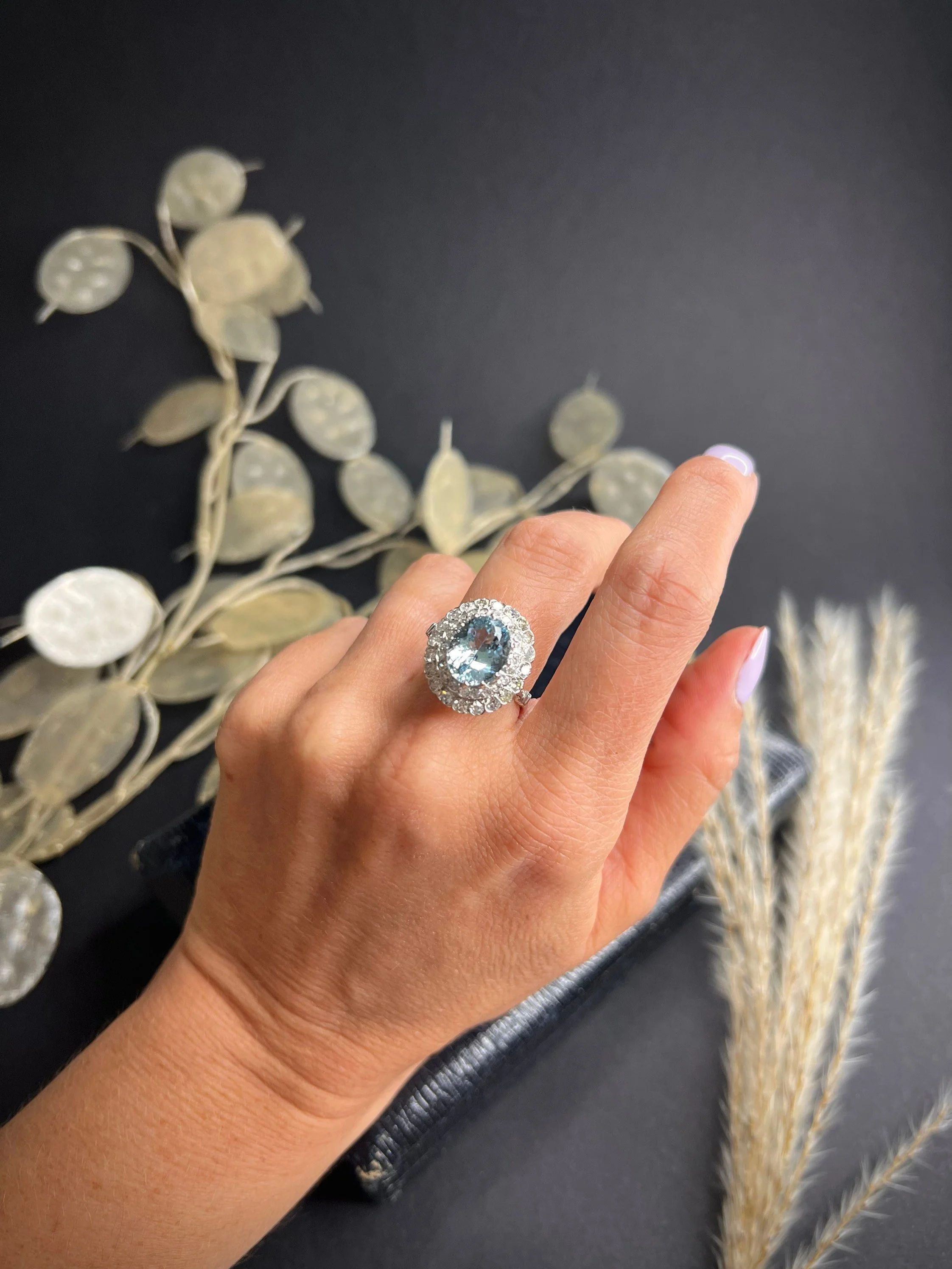 Vintage 18ct White Gold Aquamarine & Diamond Tiered Dress Ring