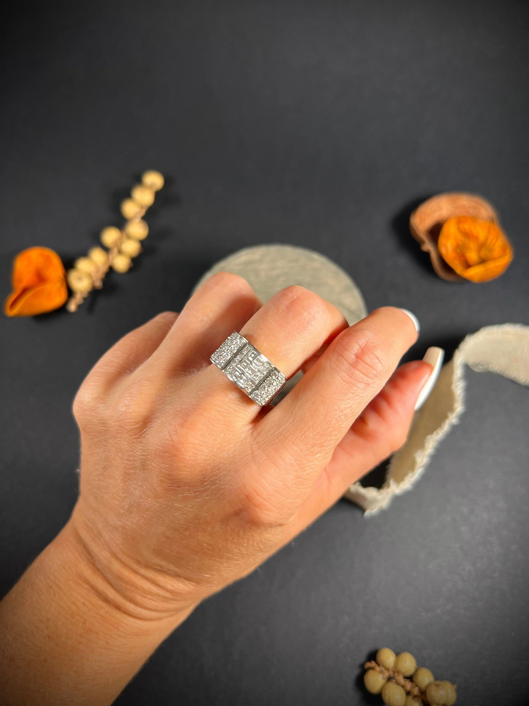Vintage 1940s Platinum Stamped, Diamond Tank Cocktail  Ring
