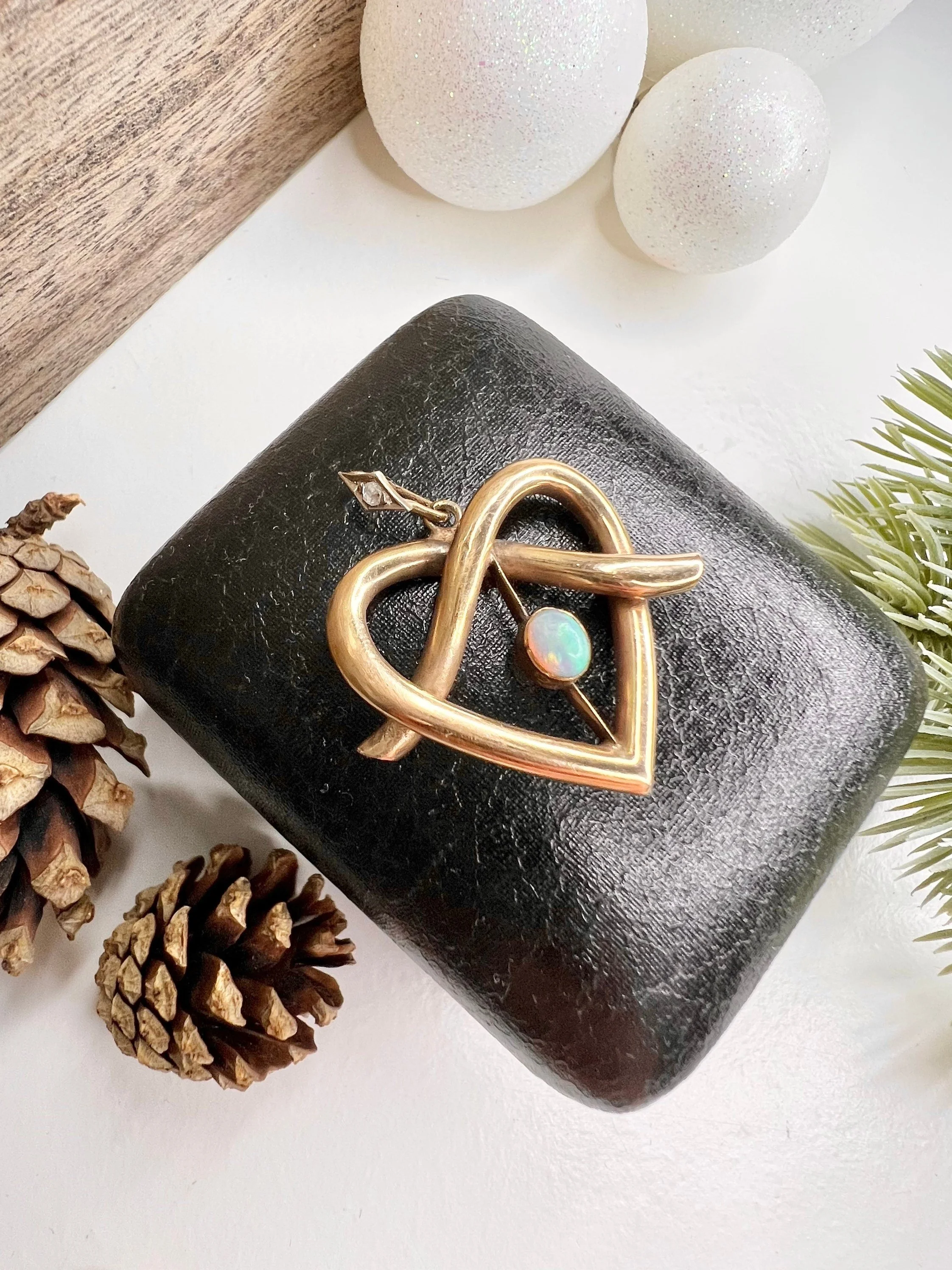 Antique 9ct Rose Gold, Edwardian Lovers Knot Heart Shaped Pendant, Set with a Fiery Opal & Old Cut Diamond