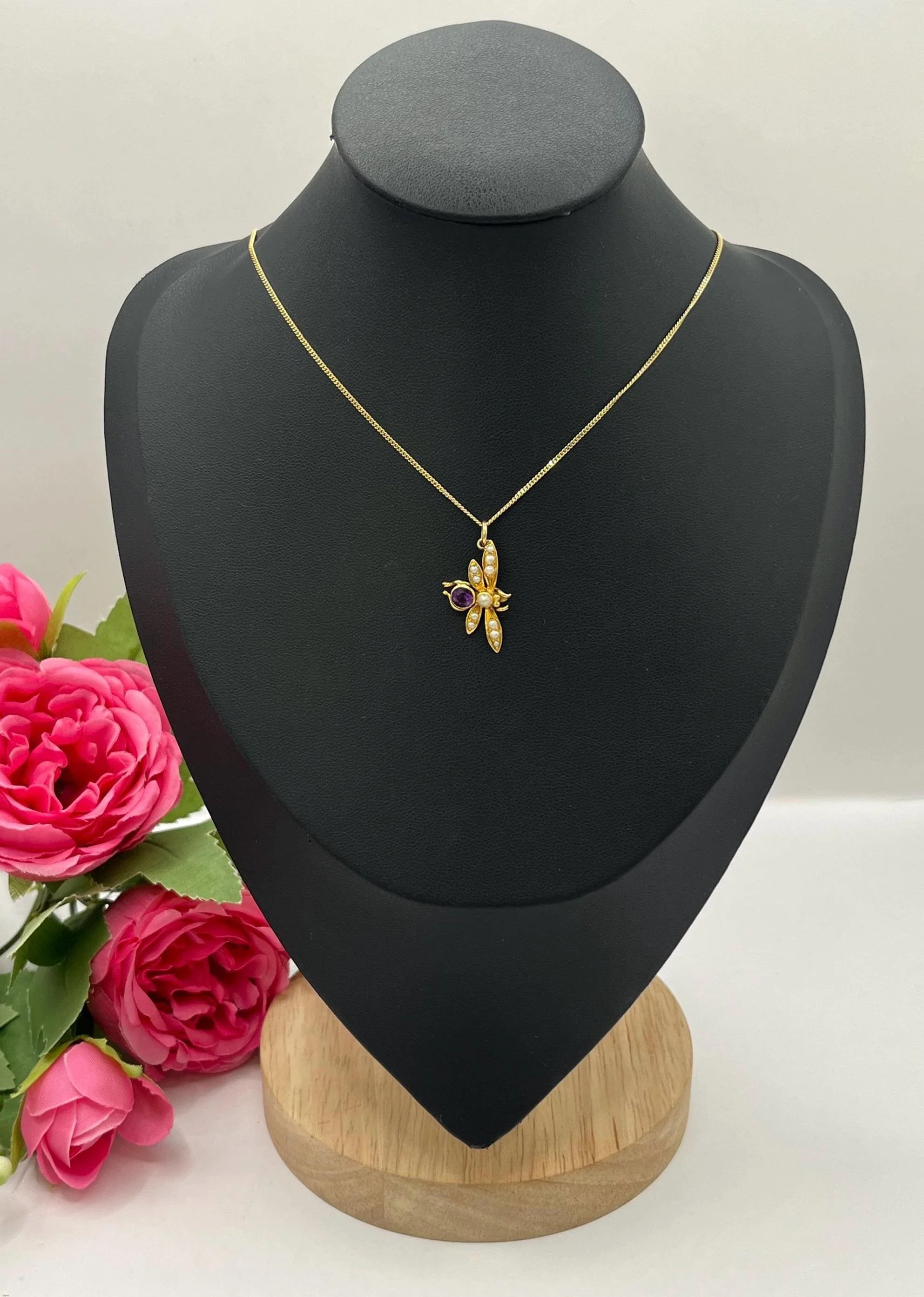 Antique 15ct Gold, Edwardian Amethyst & Pearl Fly/Bug Pendant Necklace