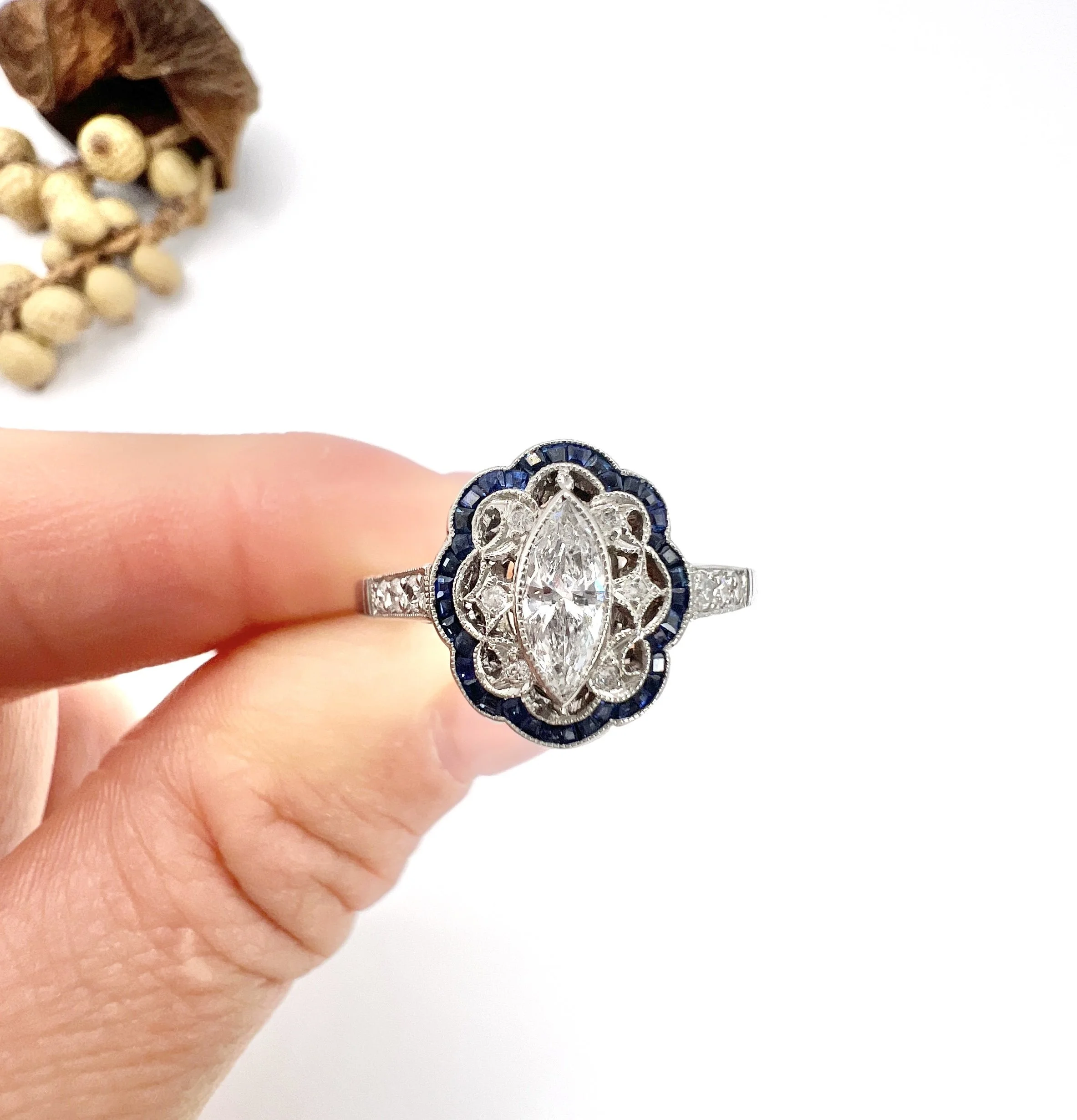 Marquise Diamond & Calibrated Sapphire, Art Deco-Style Fancy Cluster Ring