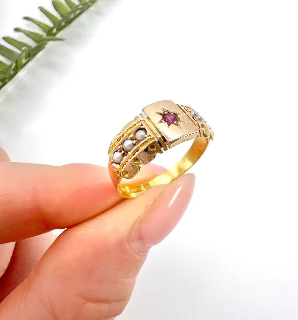 Antique 15ct Yellow Gold, Victorian Star Set Ruby Pearl Gypsy