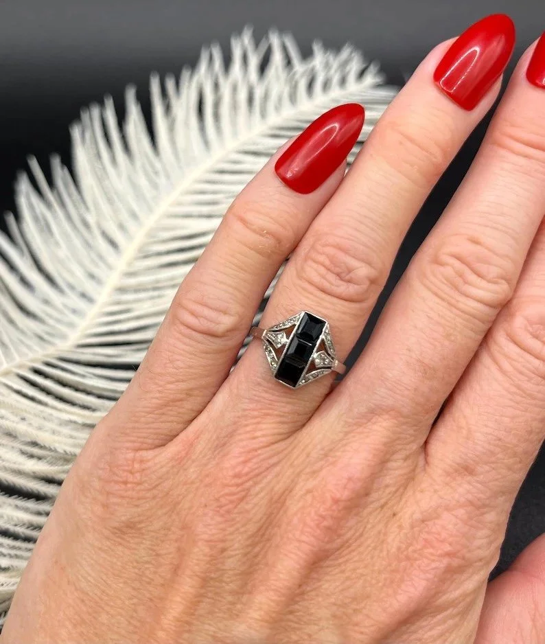 Antique 18ct Gold & Platinum, 1920s Original Art Deco Sapphire and Diamond Ring