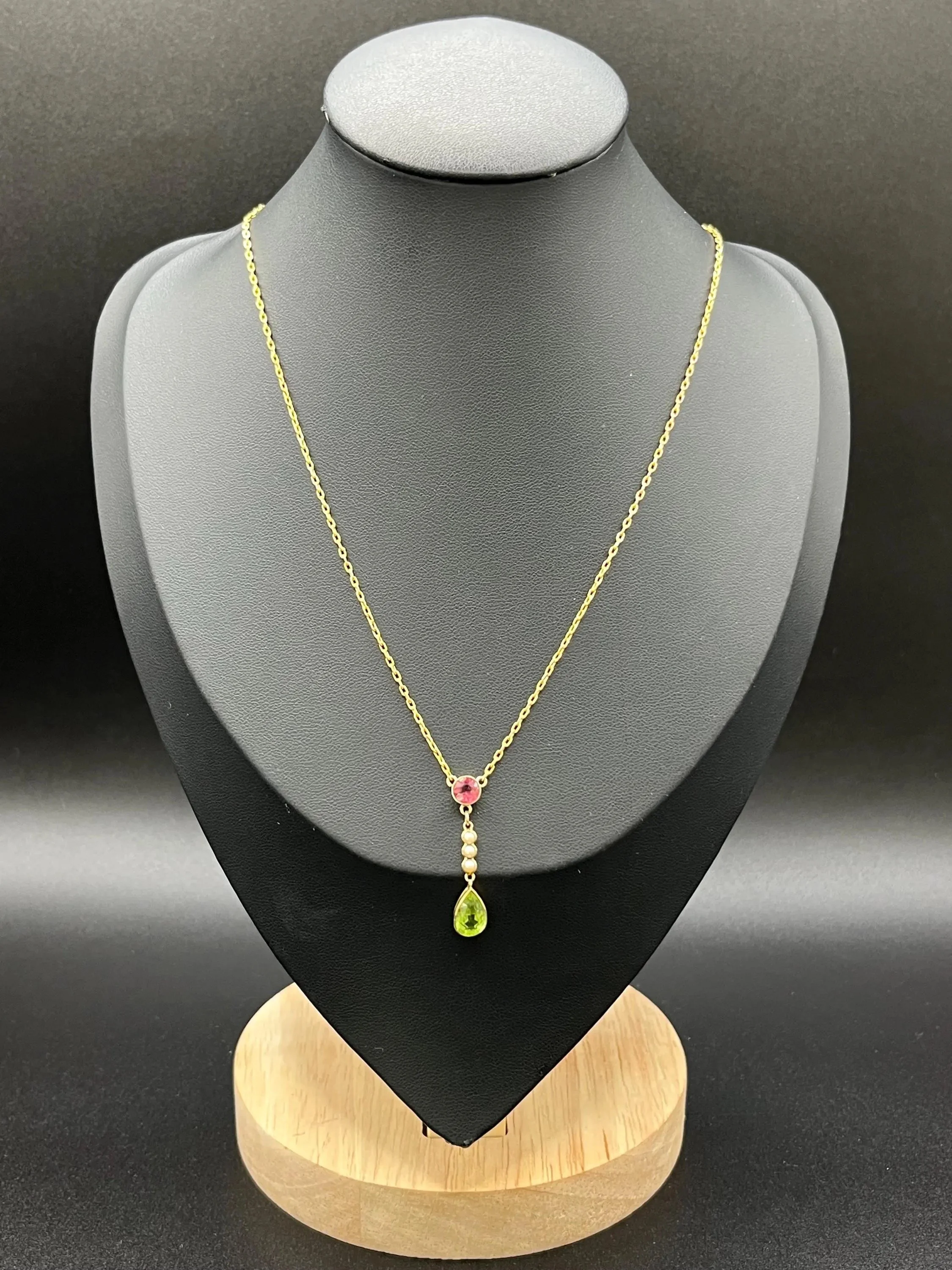 Antique 9ct Yellow Gold, Edwardian Tourmaline, Peridot & Seed Pearl Suffragette Pendant Necklace