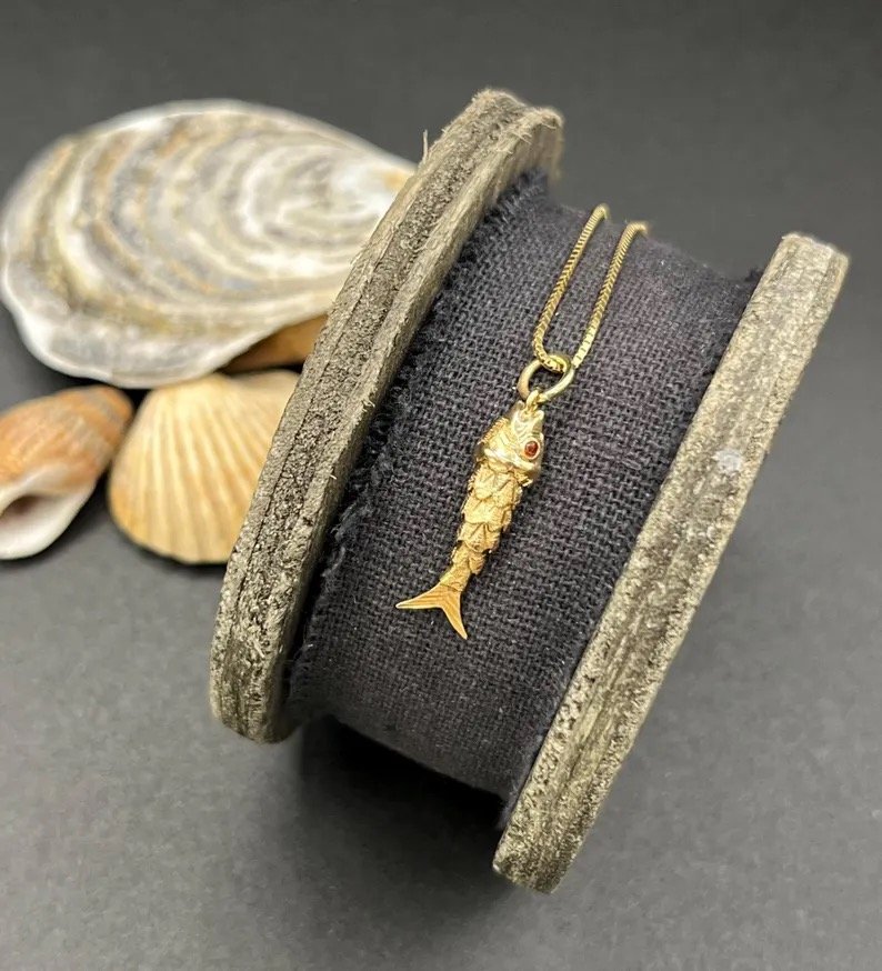 Vintage 18ct Gold, Articulated Lucky Fish Pendant Charm, Ruby Eyes