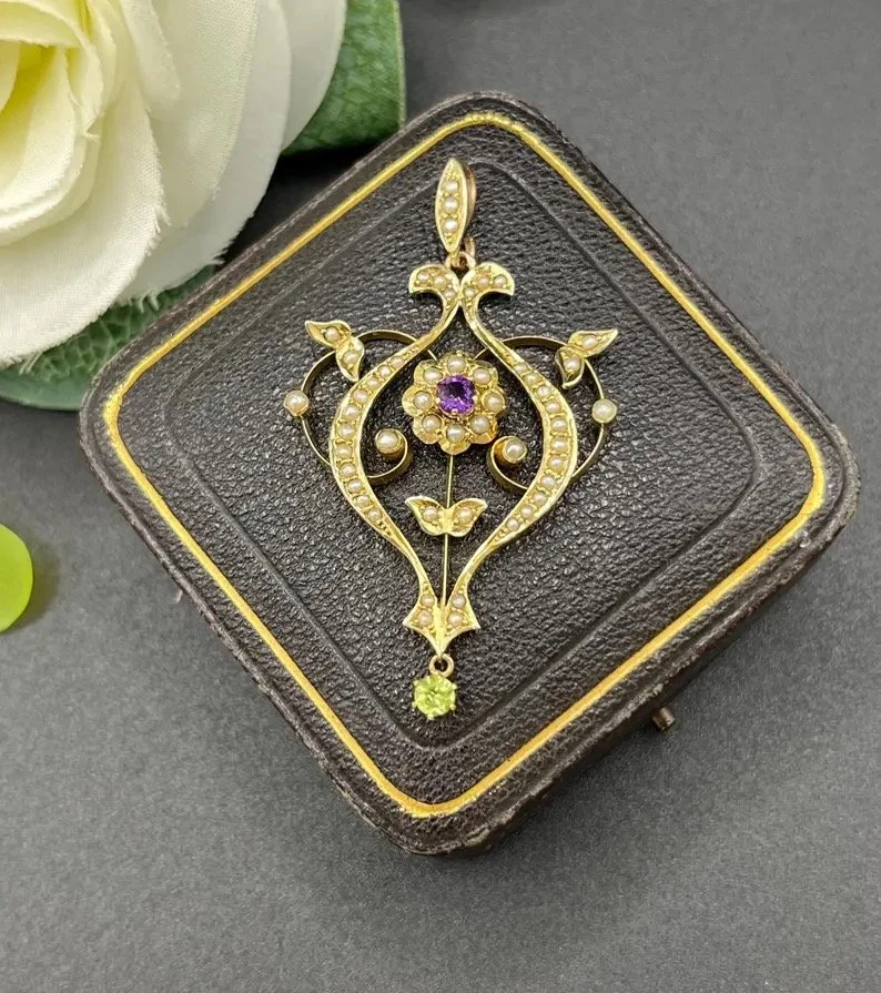 Antique 9ct Yellow Gold Stamped, Edwardian Amethyst, Pearl & Peridot Suffragette Pendant