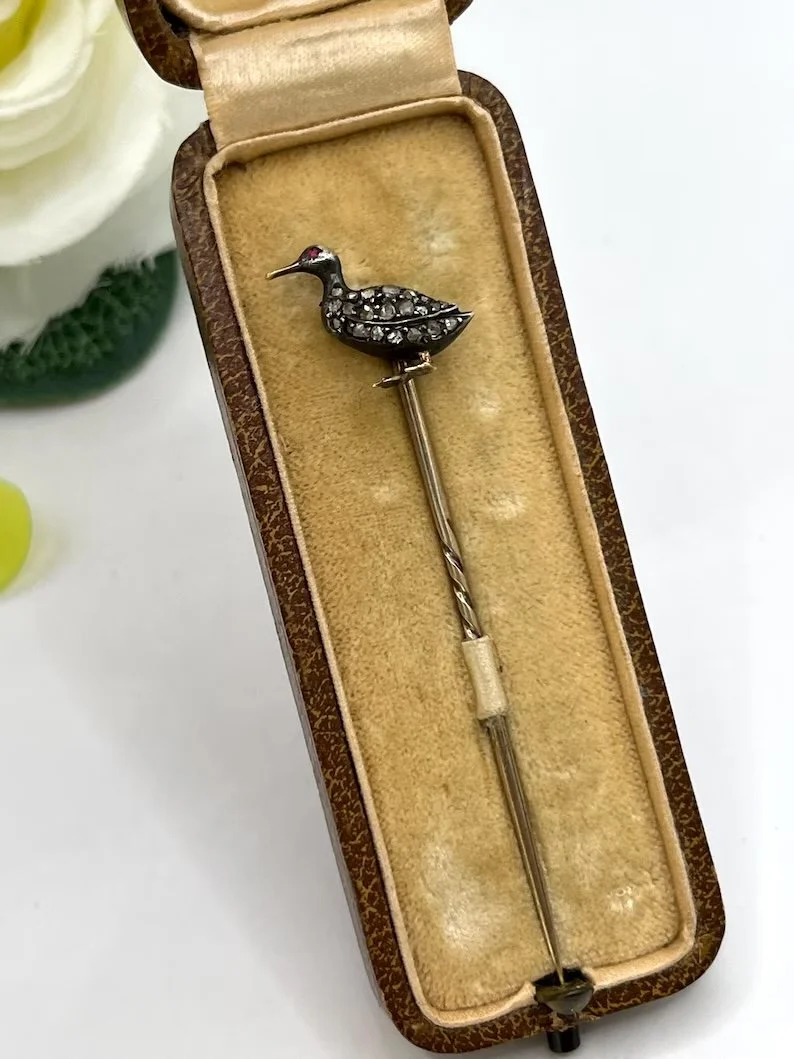 Antique 15ct Gold & Silver, Victorian Rose Diamond Duck Stick Pin, Circa 1890