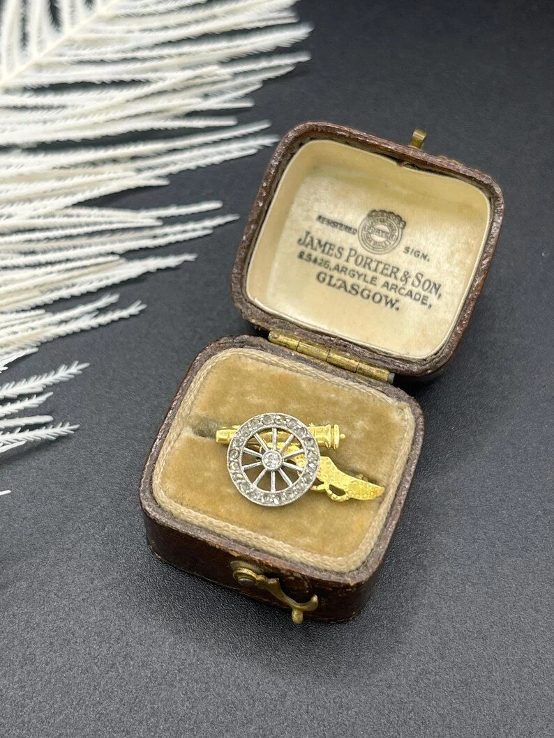 Antique 18ct Gold, Platinum and Diamond, Edwardian Royal Artillery, The Gunners, Military Sweetheart Brooch, Circa 1900