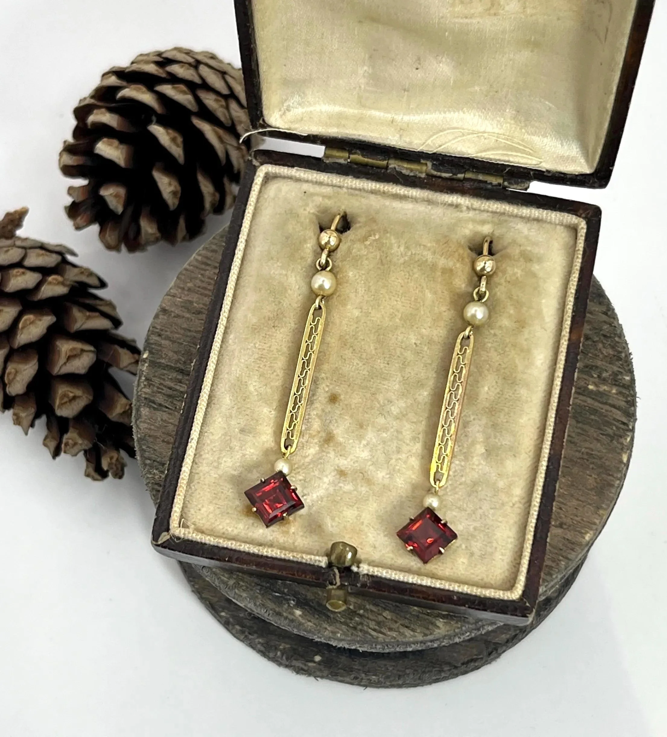 Antique 1920s 9ct Yellow Gold, Garnet Drop Earrings