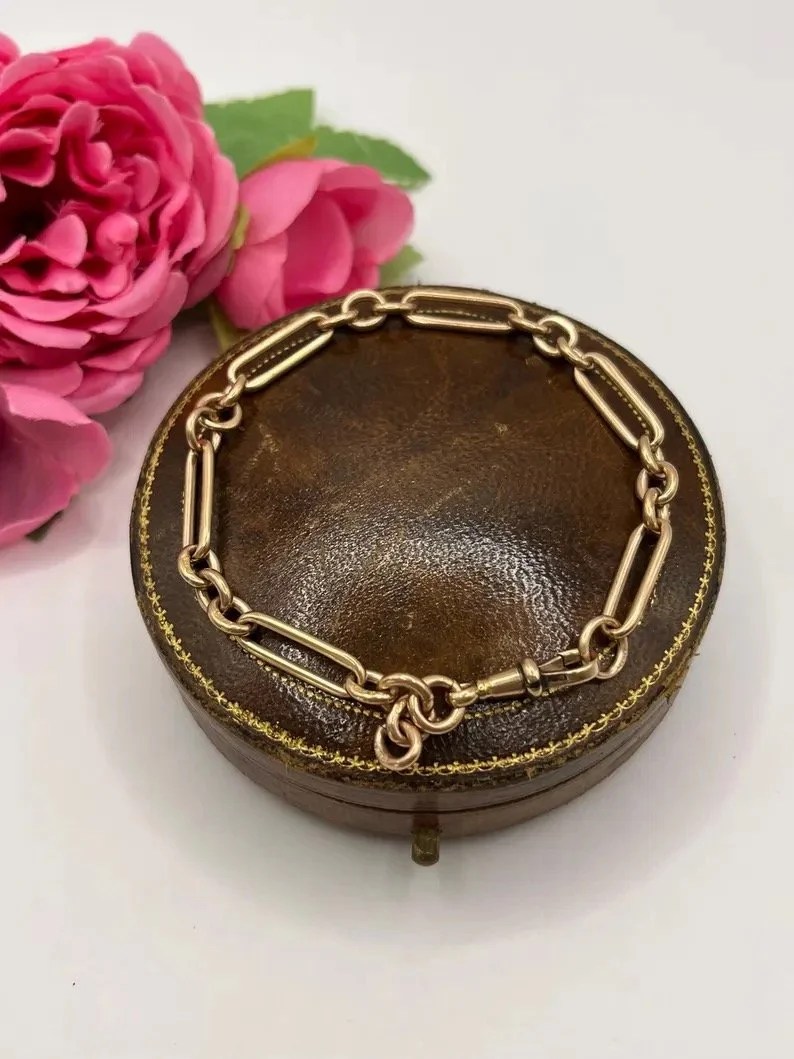 Antique 9ct Rose Gold Victorian Trombone Link Bracelet with Swivel Clasp, 8 Inches, Hallmarked Chester 1891