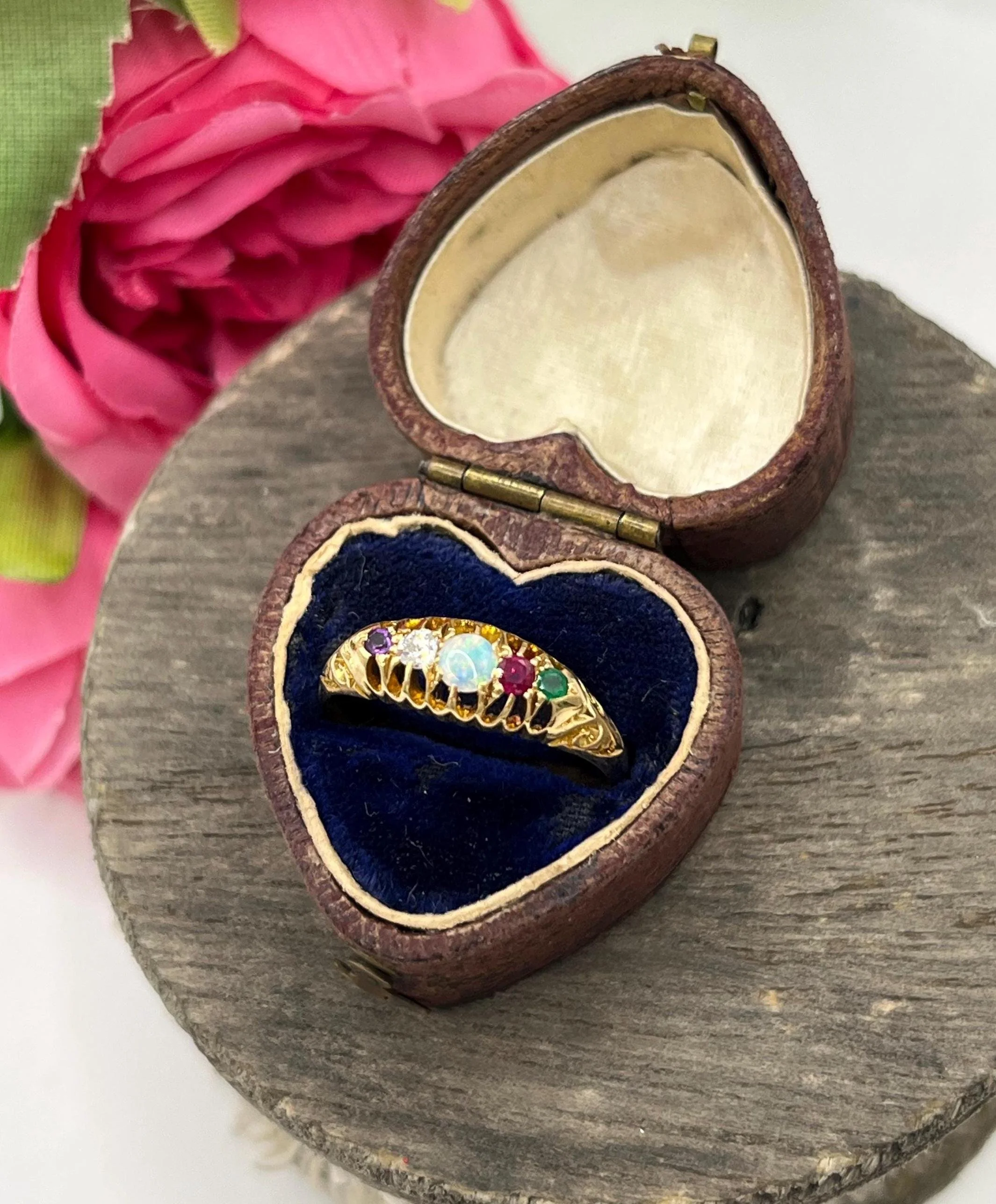 Antique 18ct Gold Edwardian, Acrostic ADORE Ring: Amethyst, Diamond, Opal, Ruby, Emerald