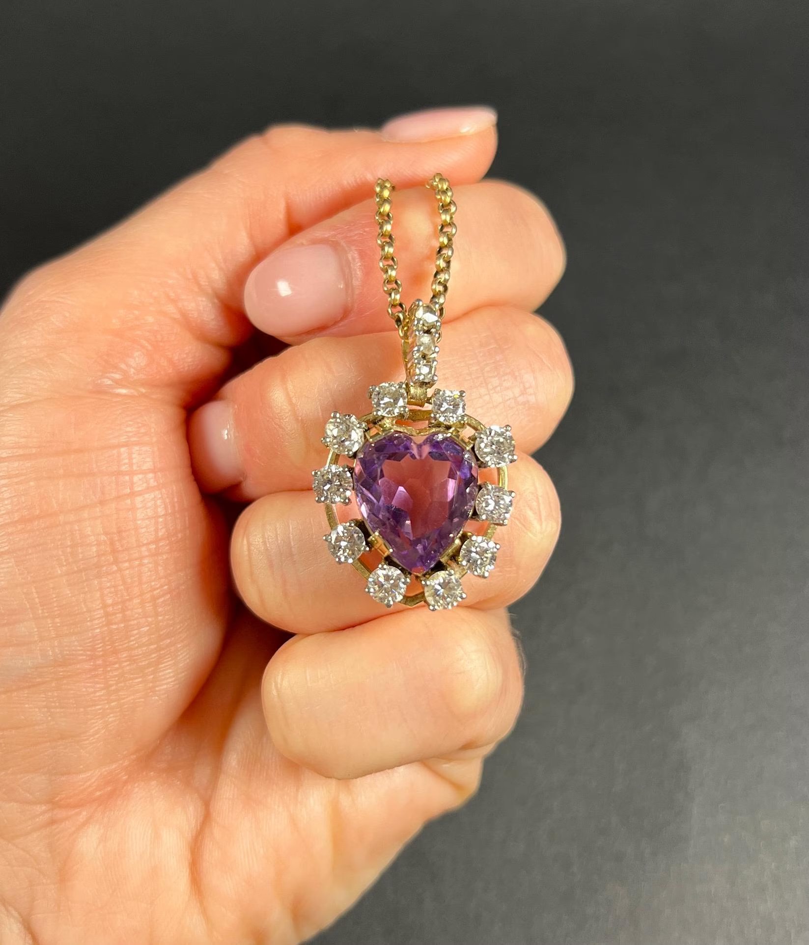 Antique 14ct Yellow Gold, 1920s Heart Shaped Faceted Amethyst & 2.50ct Diamond Pendant