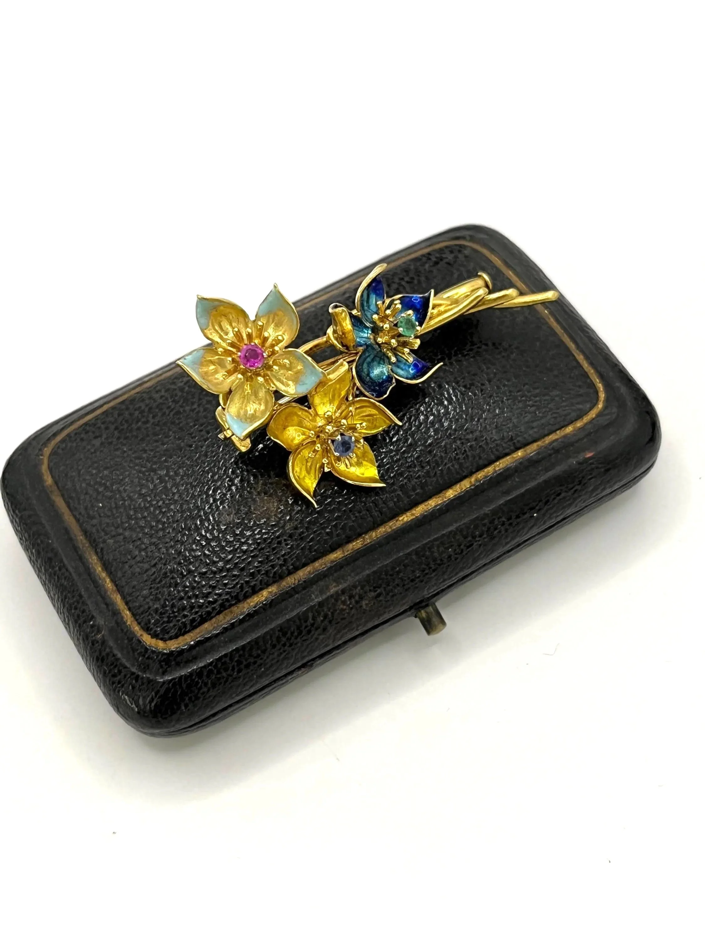 Vintage 18ct Gold and Enamel Brooch with Sapphire, Emerald and Ruby Circa 1960