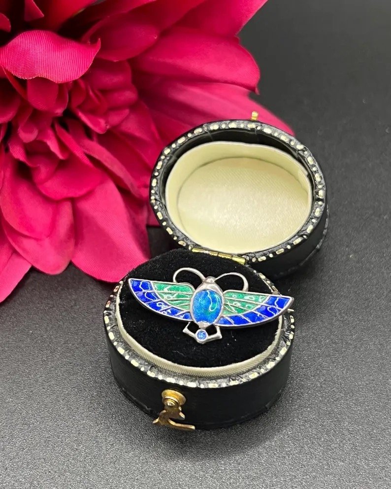 Antique Charles Horner Enamel Flying Scarab, Art Nouveau Silver Brooch, Hallmarked Chester 1910