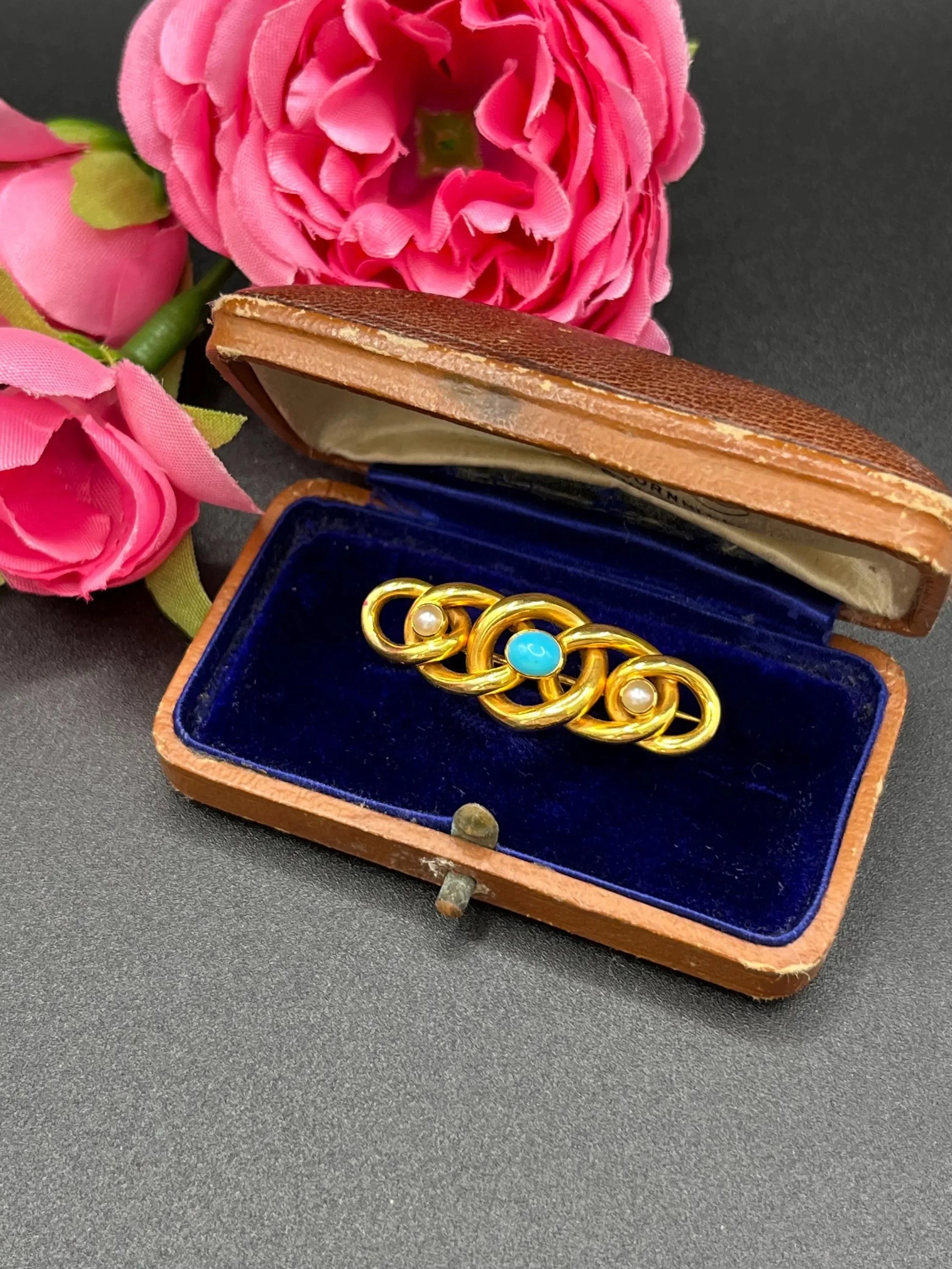 Antique 15ct Gold Edwardian Turquoise & Pearl Brooch, Circa 1910