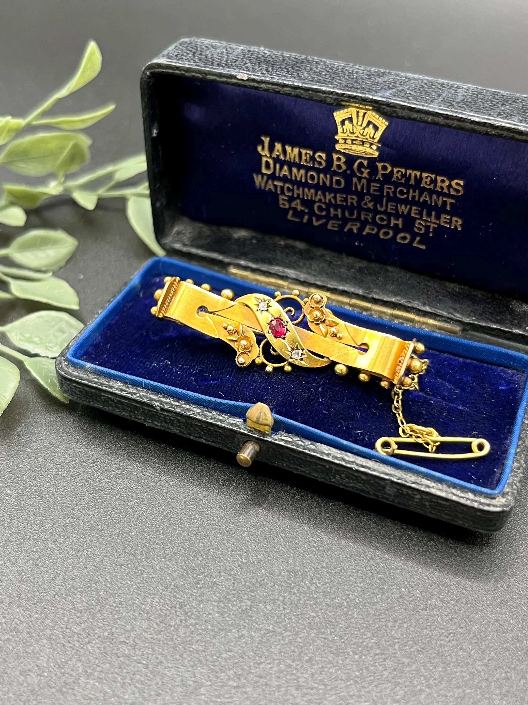 Antique 15ct Yellow Gold, Edwardian Diamond & Ruby Brooch, Hallmarked Birmingham