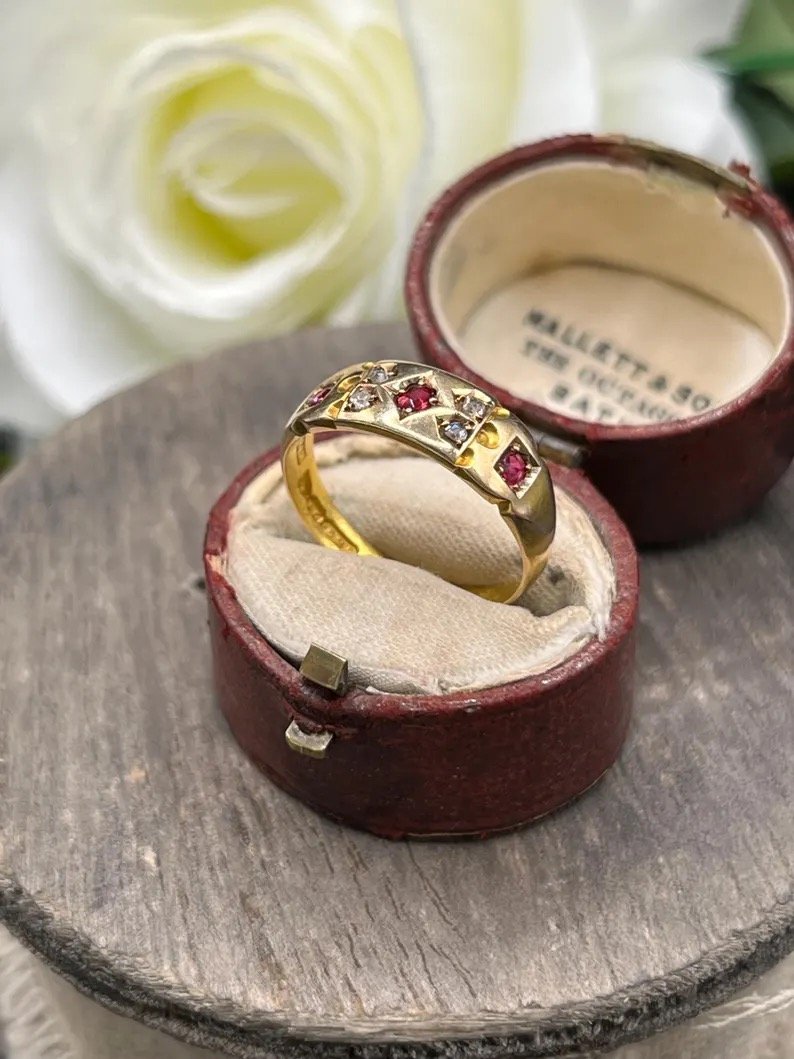 Antique 15ct Gold Victorian Ruby, Diamond Gypsy Ring, Hallmarked Chester 1897