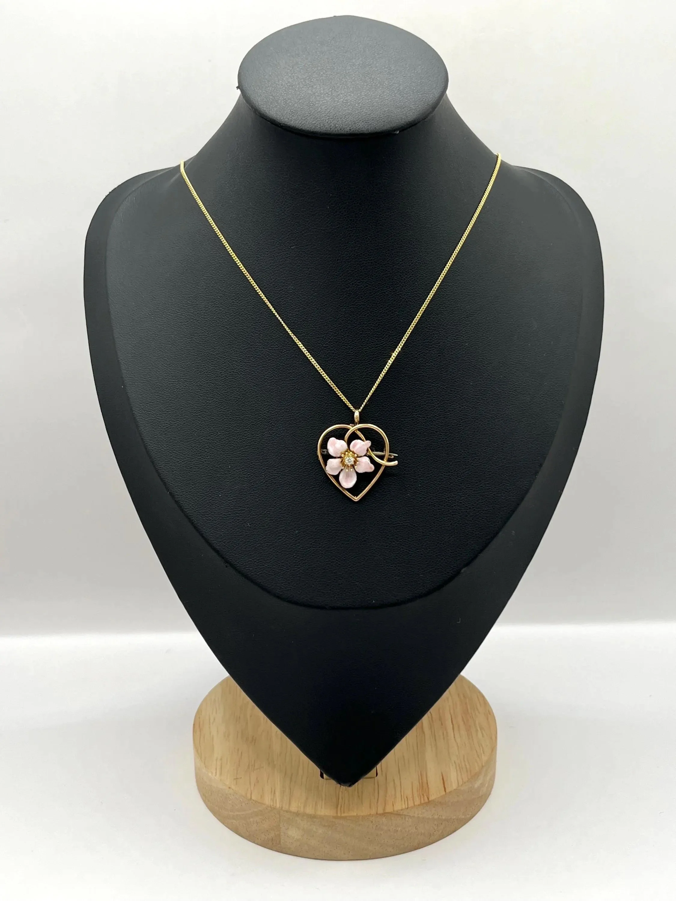 Antique 14ct Gold Pink Enamel Flower Heart Pendant/ Brooch, Circa 1910