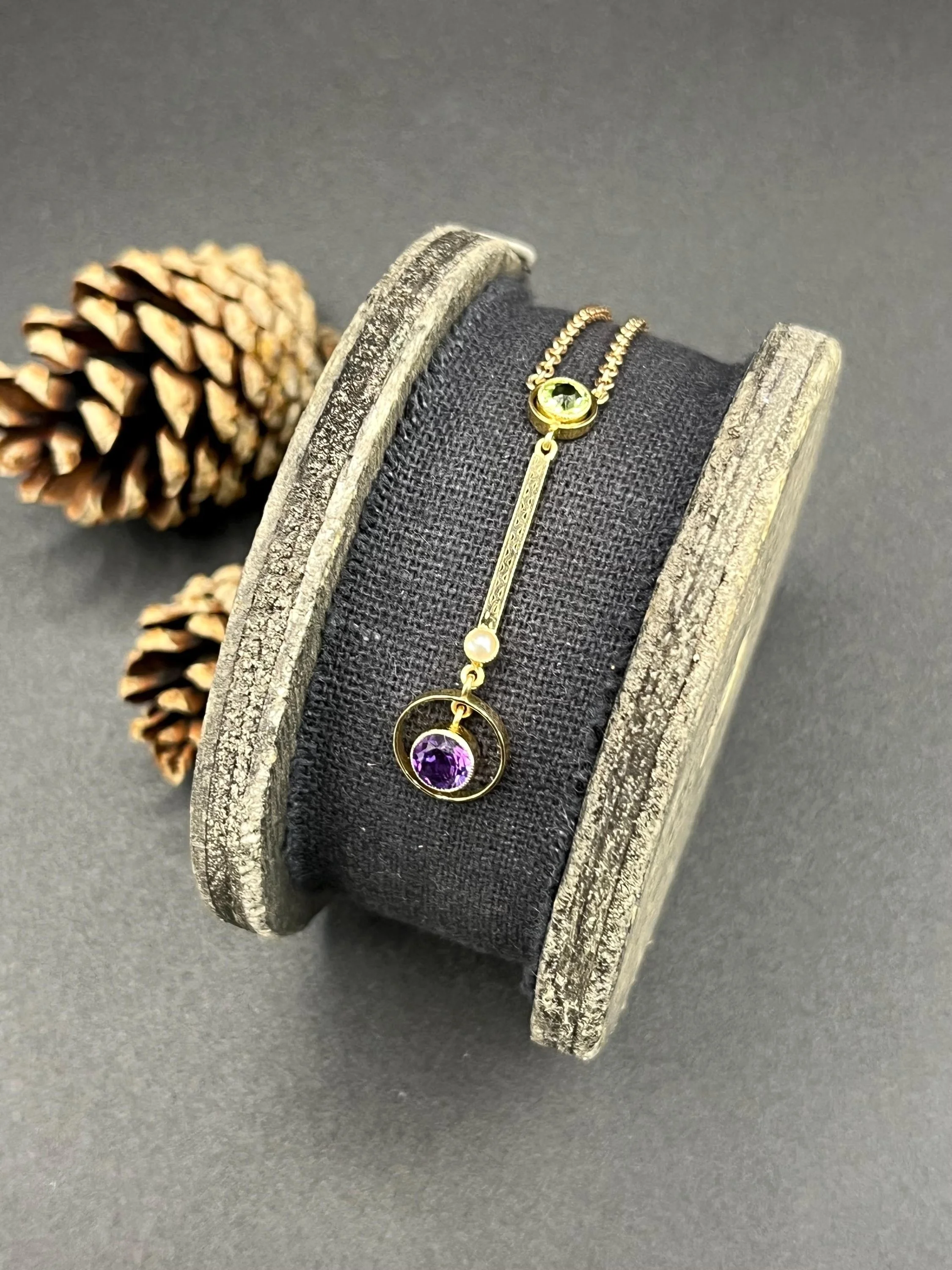 Antique 9ct Gold Stamped, Edwardian-era Suffragette Pendant Necklace with Amethyst, Peridot & Pearl