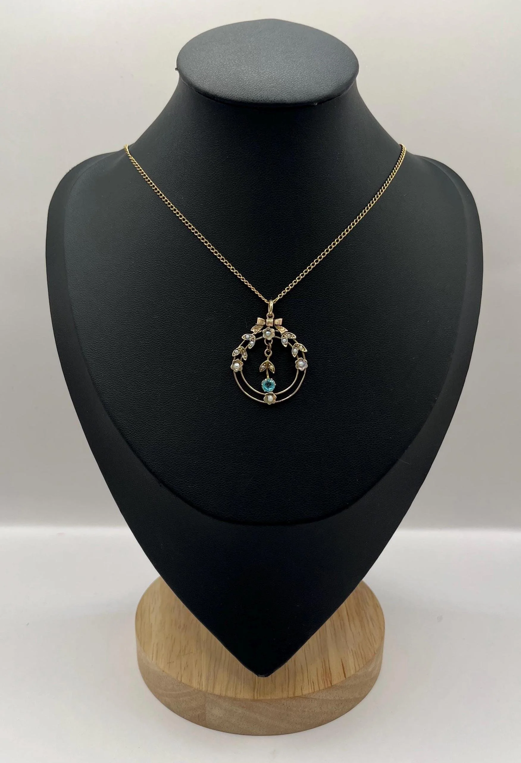 Antique 9ct Gold Blue Topaz & Pearl Pendant, Circa 1910