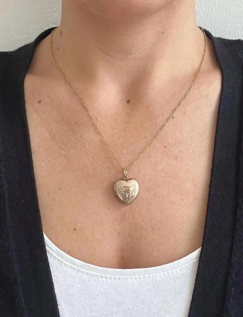 Antique 9ct Gold Diamond, Edwardian Heart Locket, Circa 1910