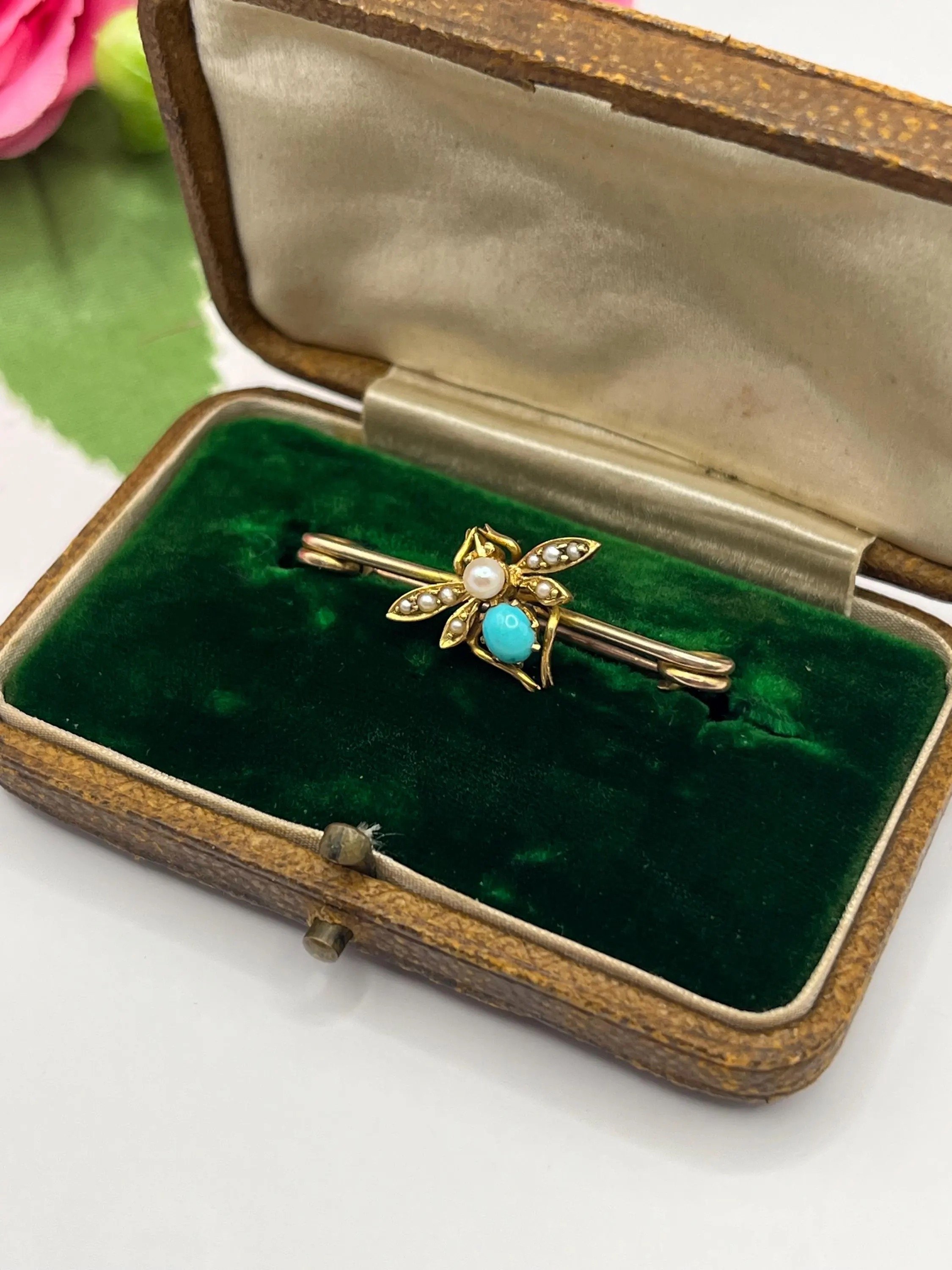 Antique 9ct Gold Edwardian Fly Turquoise & Pearl Brooch