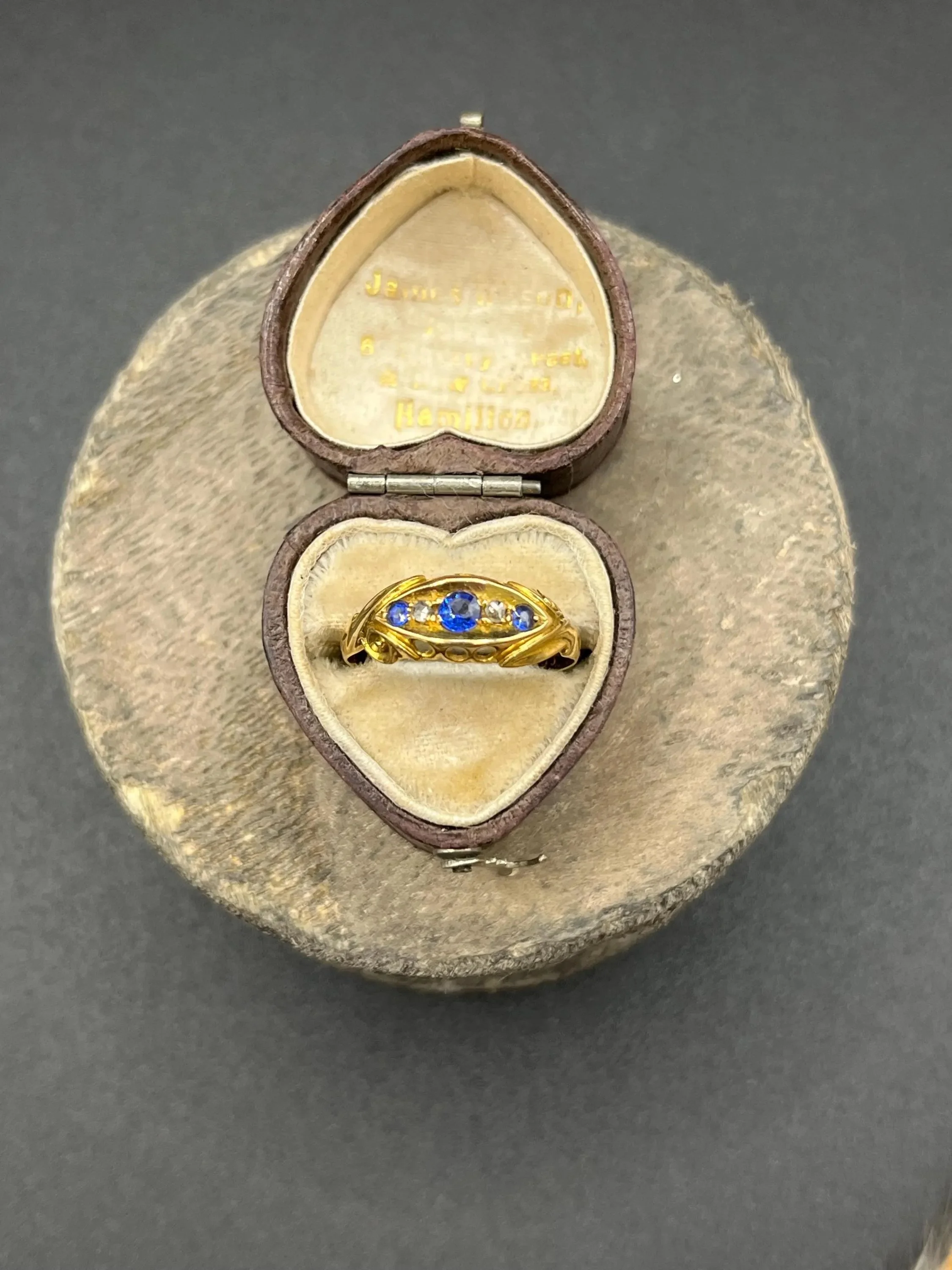 Antique 18ct Yellow Gold, Birmingham Hallmarked 1907, Edwardian Sapphire & Diamond Five Stone Gypsy Band Ring