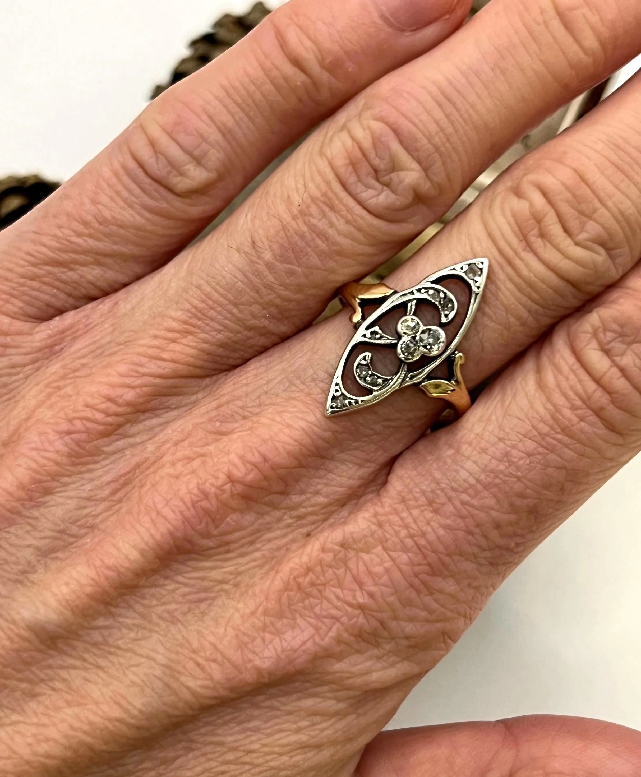 Antique 18ct Yellow Gold Silver Set, Art Nouveau Diamond Ring