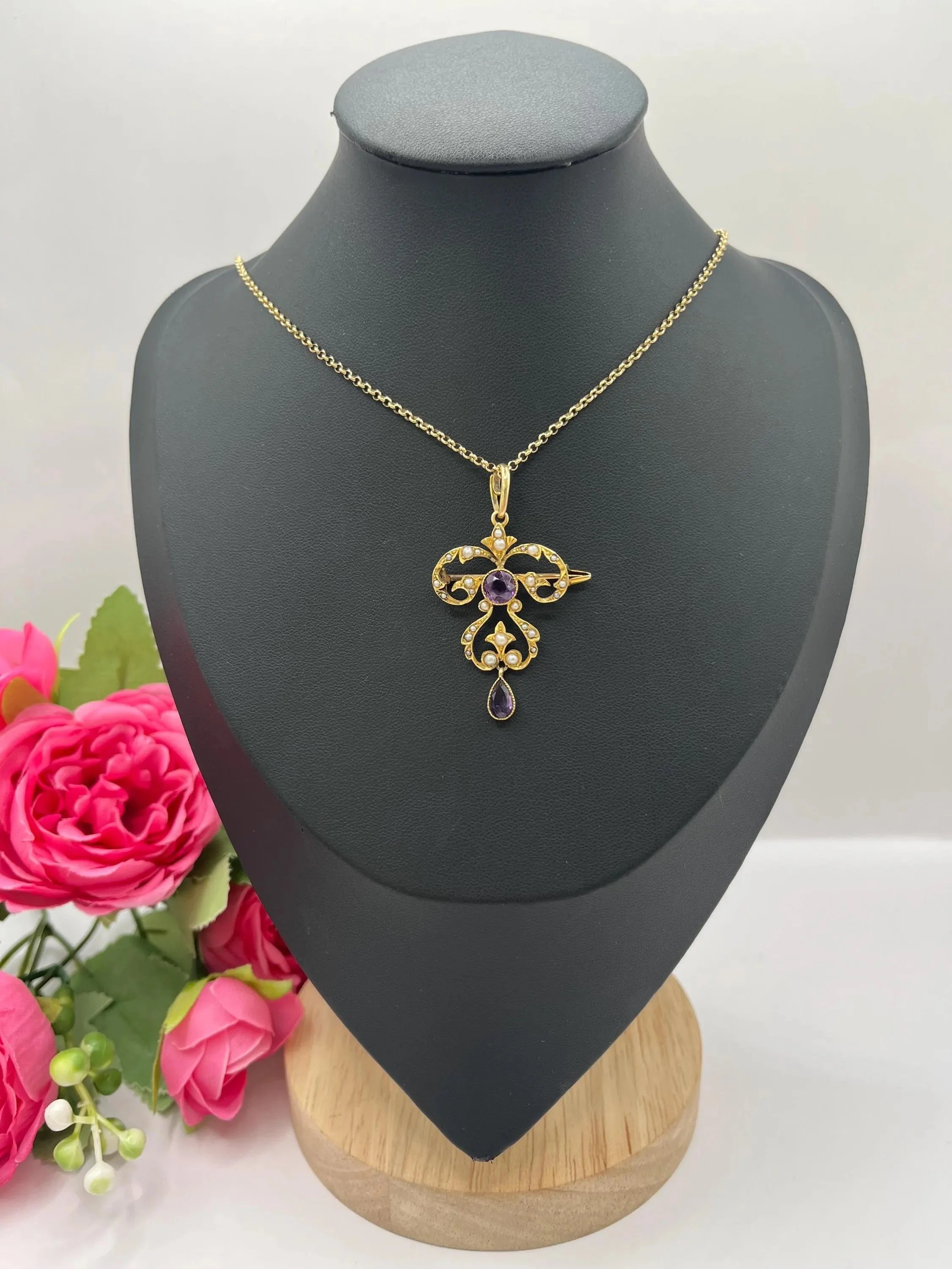 Antique 15ct Gold, Edwardian Amethyst & Seed Pearl Pendant/Brooch
