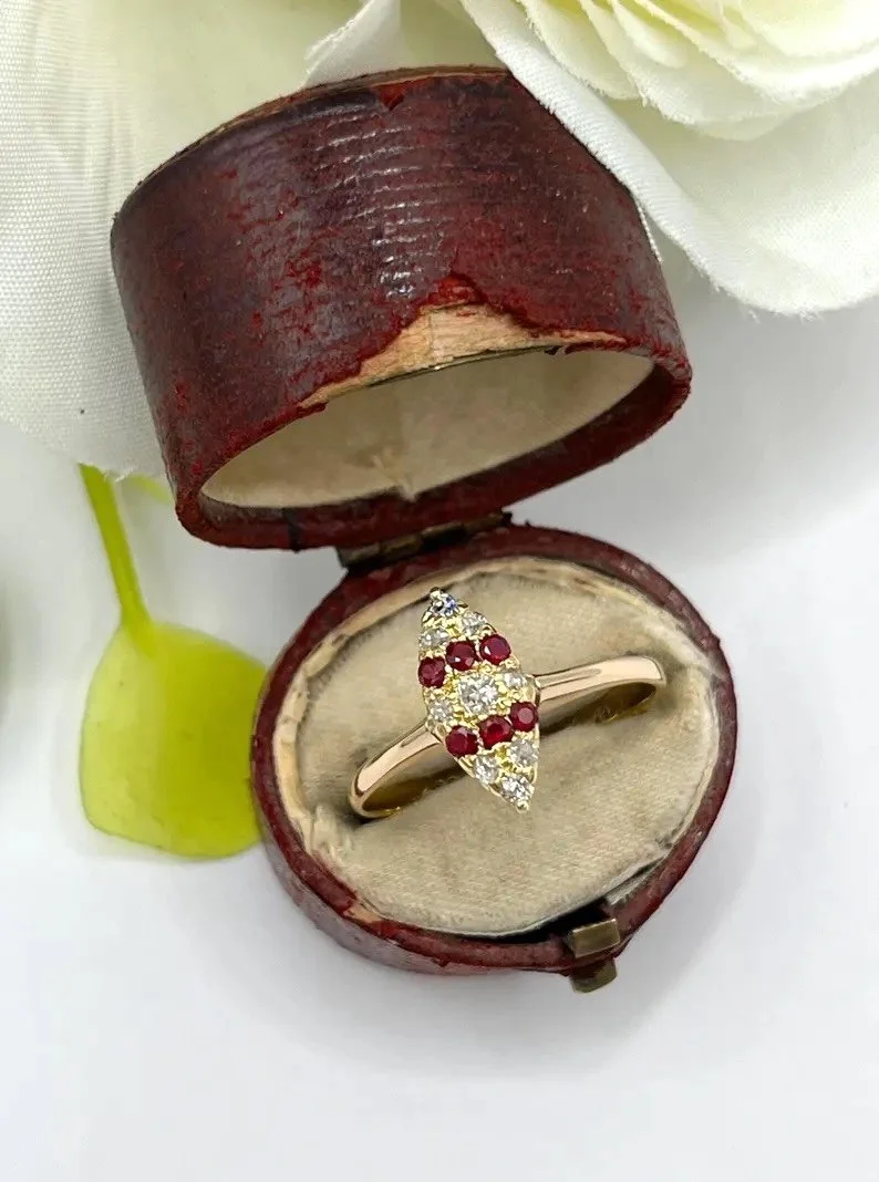 Antique 18ct Gold Stamped Art Deco Ruby Diamond Marquise Ring