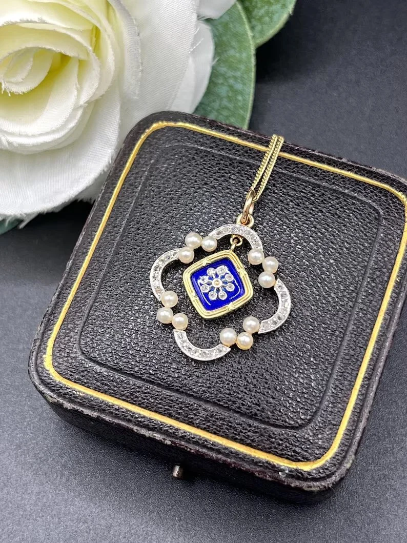 Antique 18ct Gold and Platinum Edwardian Diamond, Blue Enamel & Seed Pearl Floral Pendant
