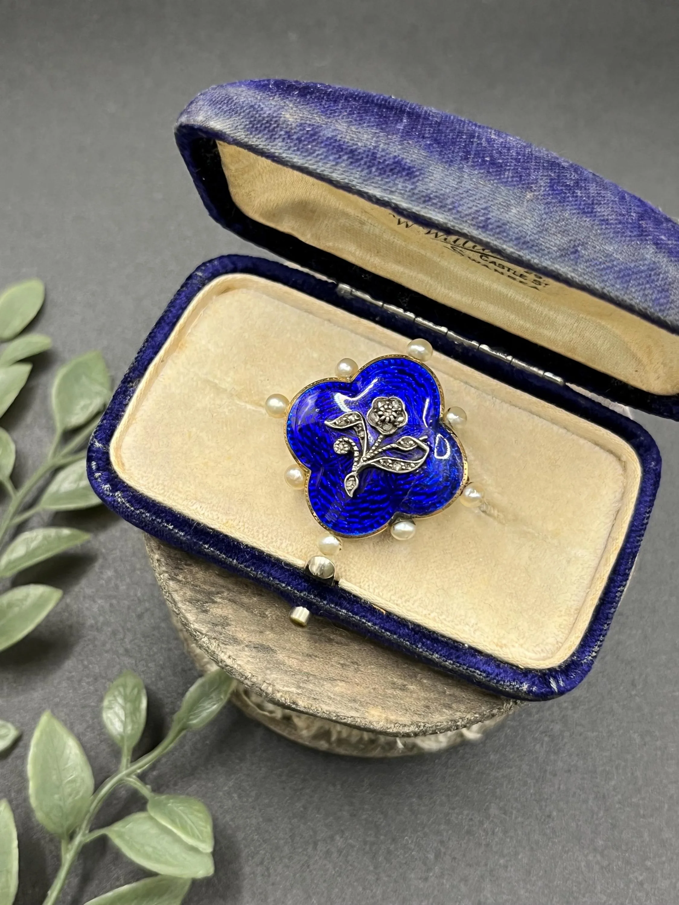 Antique 15ct Yellow Gold, Edwardian Blue Enamel, Diamond & Pearl Brooch, Circa 1905