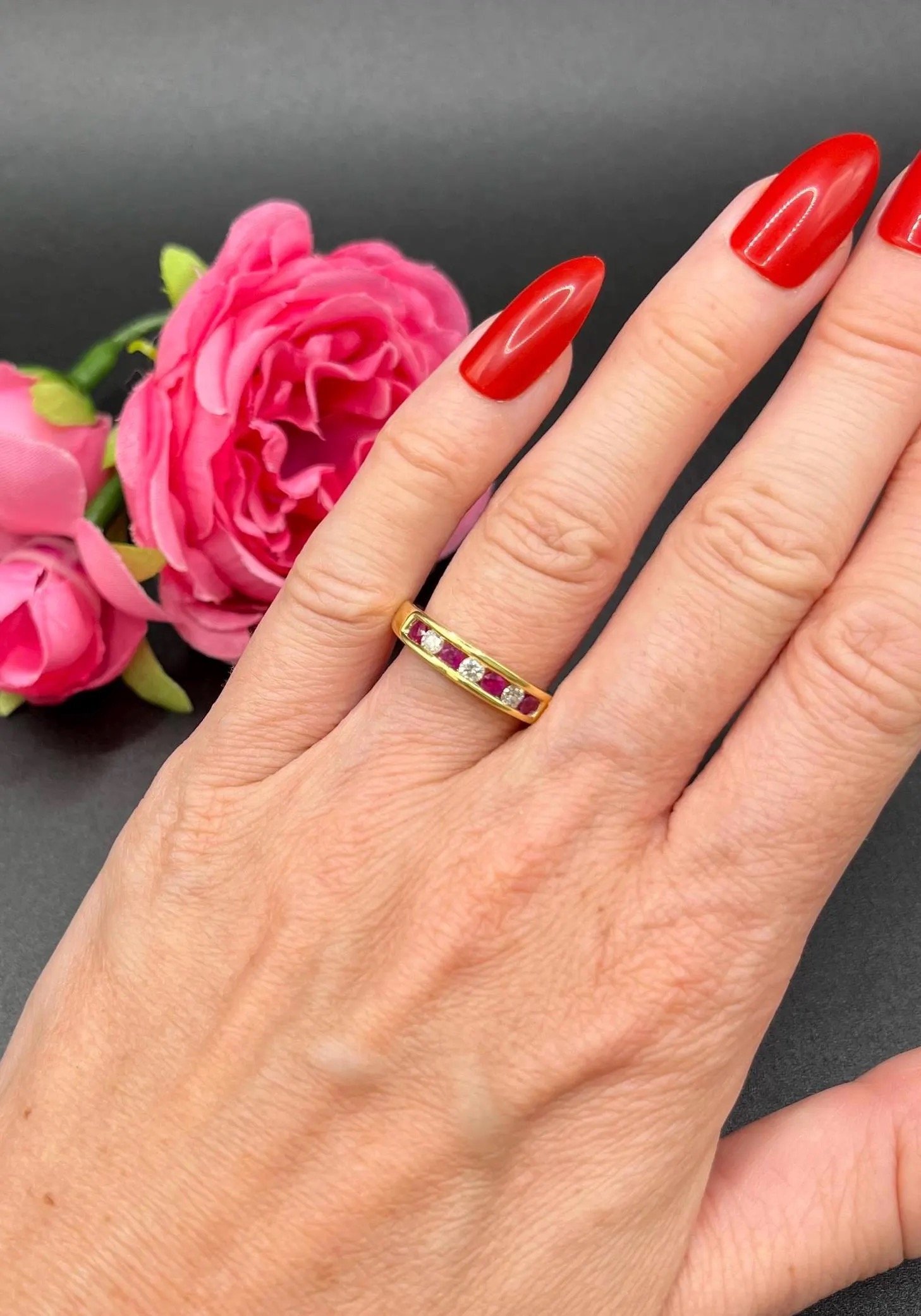 Vintage 18ct Gold Ruby & Diamond Half Eternity Channel Set Band