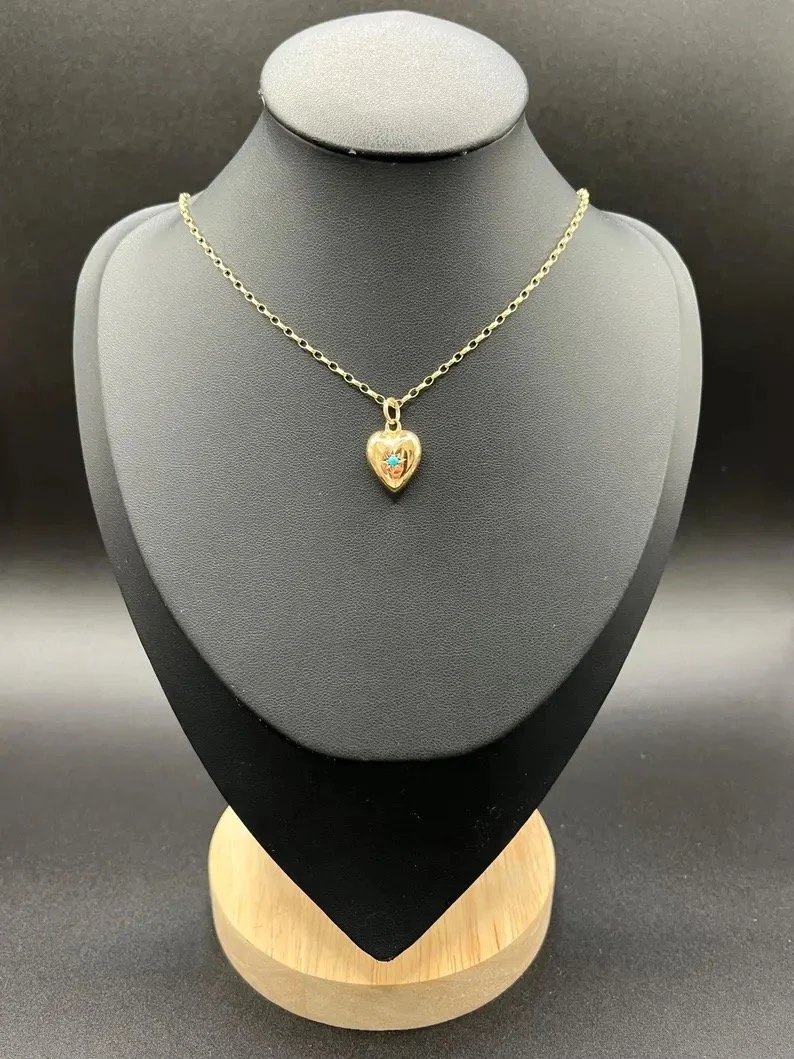 Antique 9ct Gold, Edwardian Turquoise Heart Pendant, Circa 1910