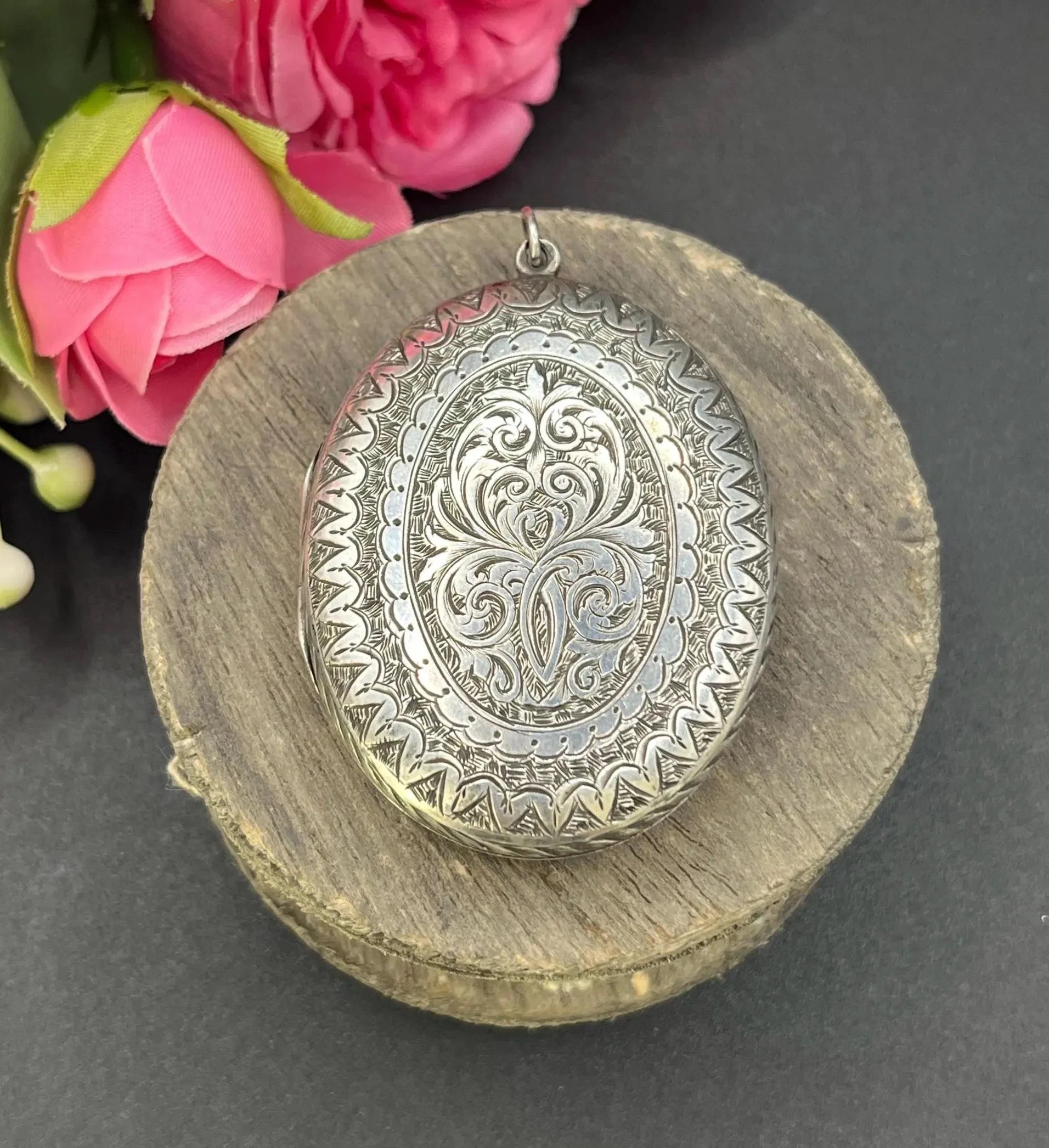 Antique Sterling Silver: Victorian Engraved Oval Large Locket