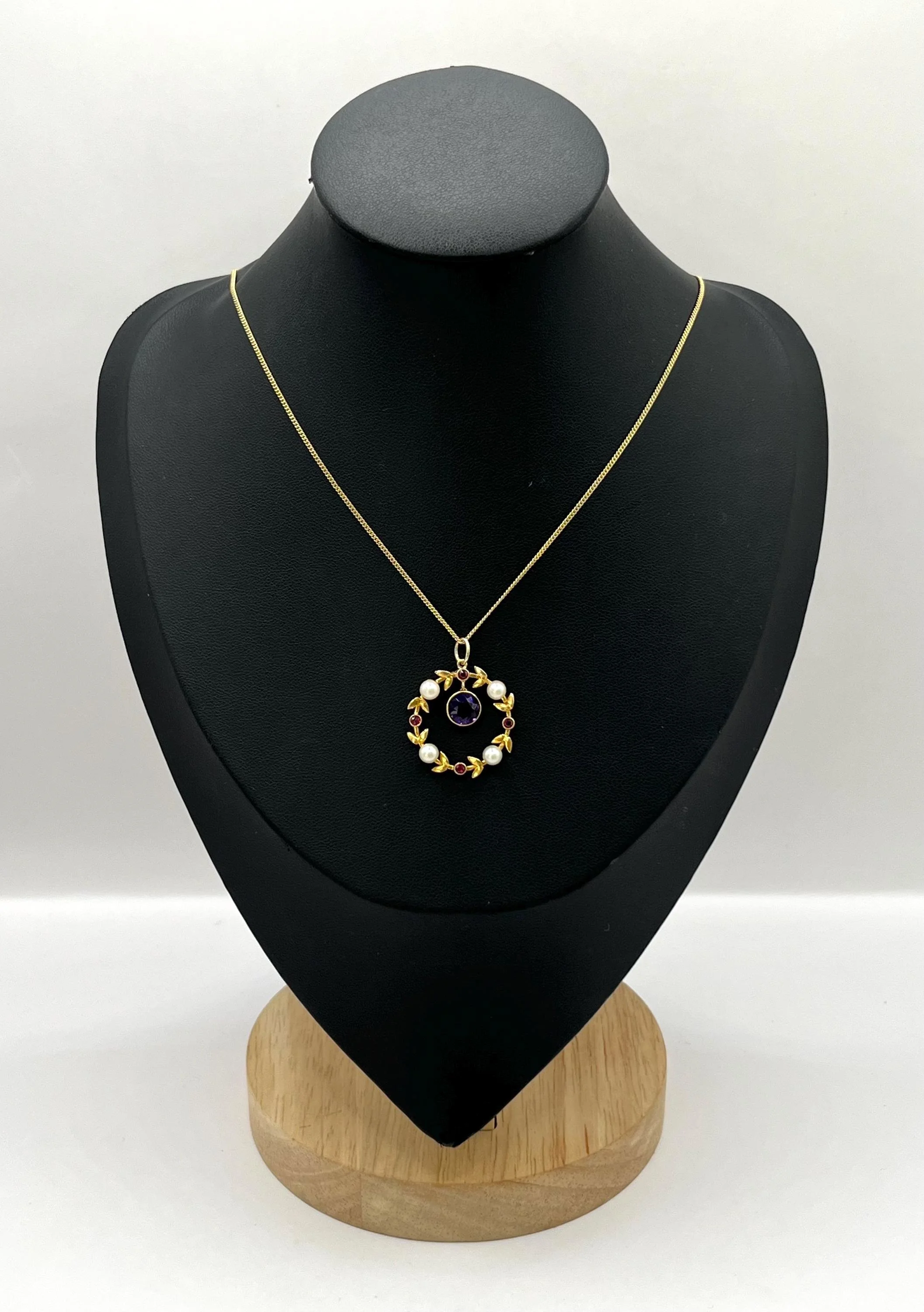 Antique 9ct Gold Edwardian Amethyst, Ruby & Pearl Pendant