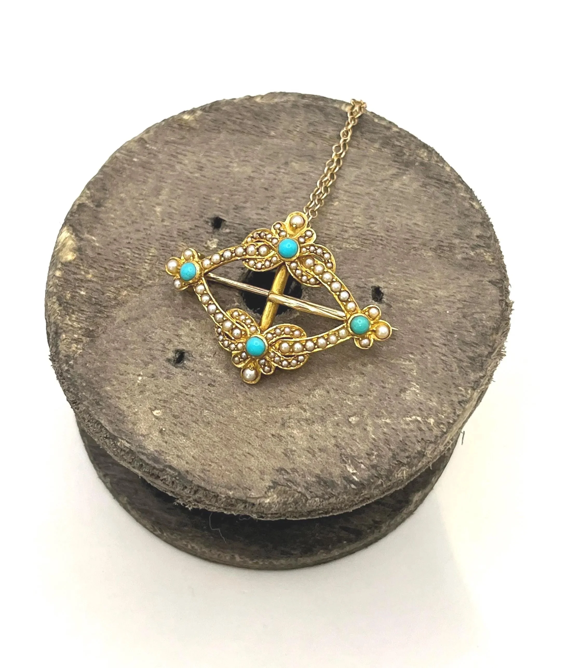 Antique 15ct Gold Edwardian Buckle Turquoise & Pearl Brooch / Pendant