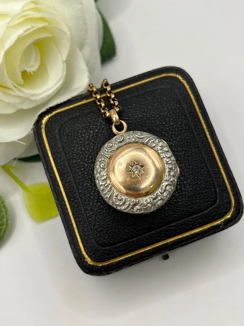 Antique 15ct Two Tone White & Rose Gold, Diamond Set Round Locket, Circa 1900