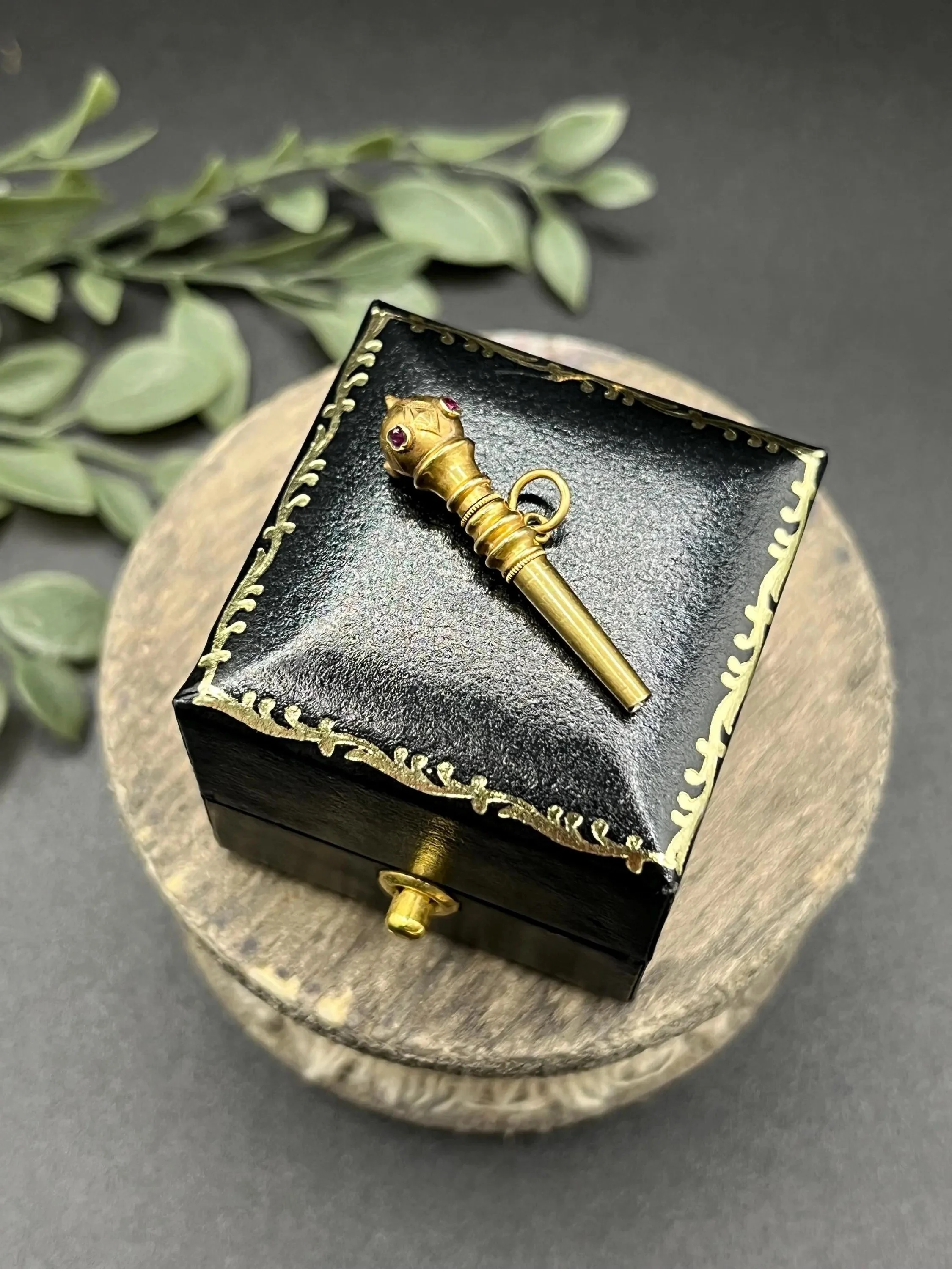 Antique 18ct Gold Pocket Watch Key Pendant: Victorian Ruby Set Engraved Fob