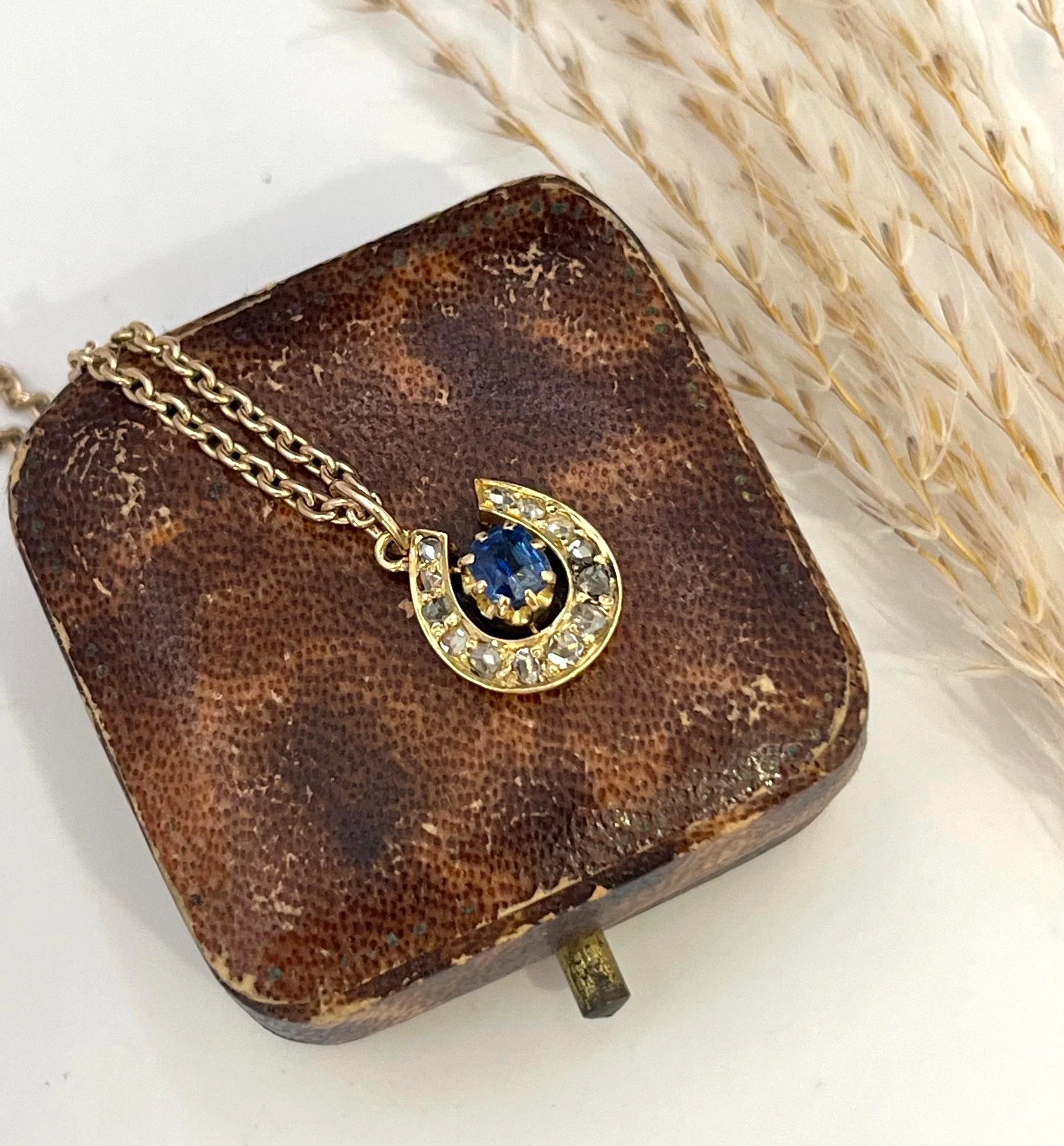 Antique 9ct Gold Victorian, Sapphire & Diamond, Lucky Horseshoe Pendant Necklace, Circa 1880