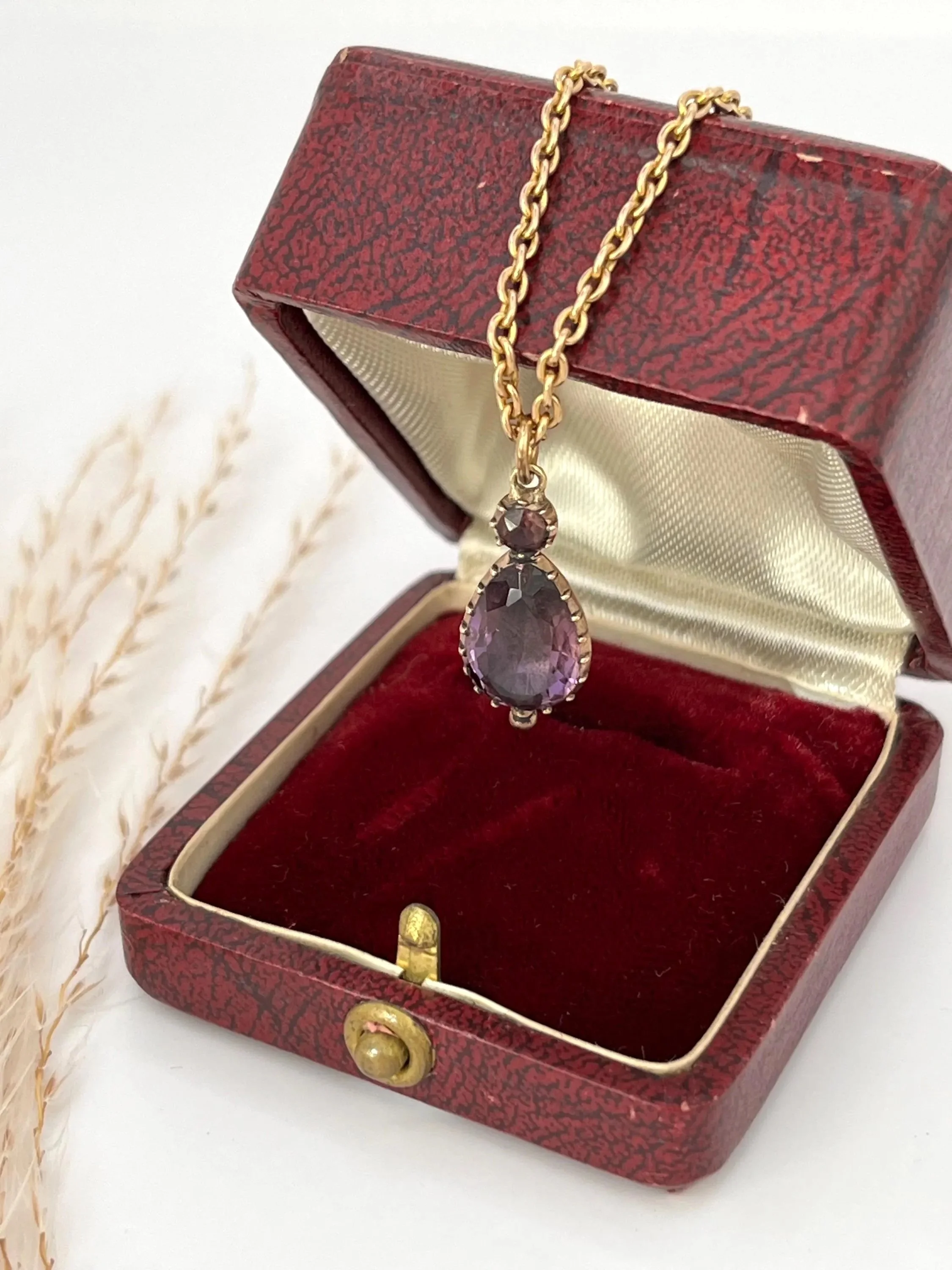 Antique 9ct Gold, Georgian Tear Drop Amethyst Pendant, Circa 1850