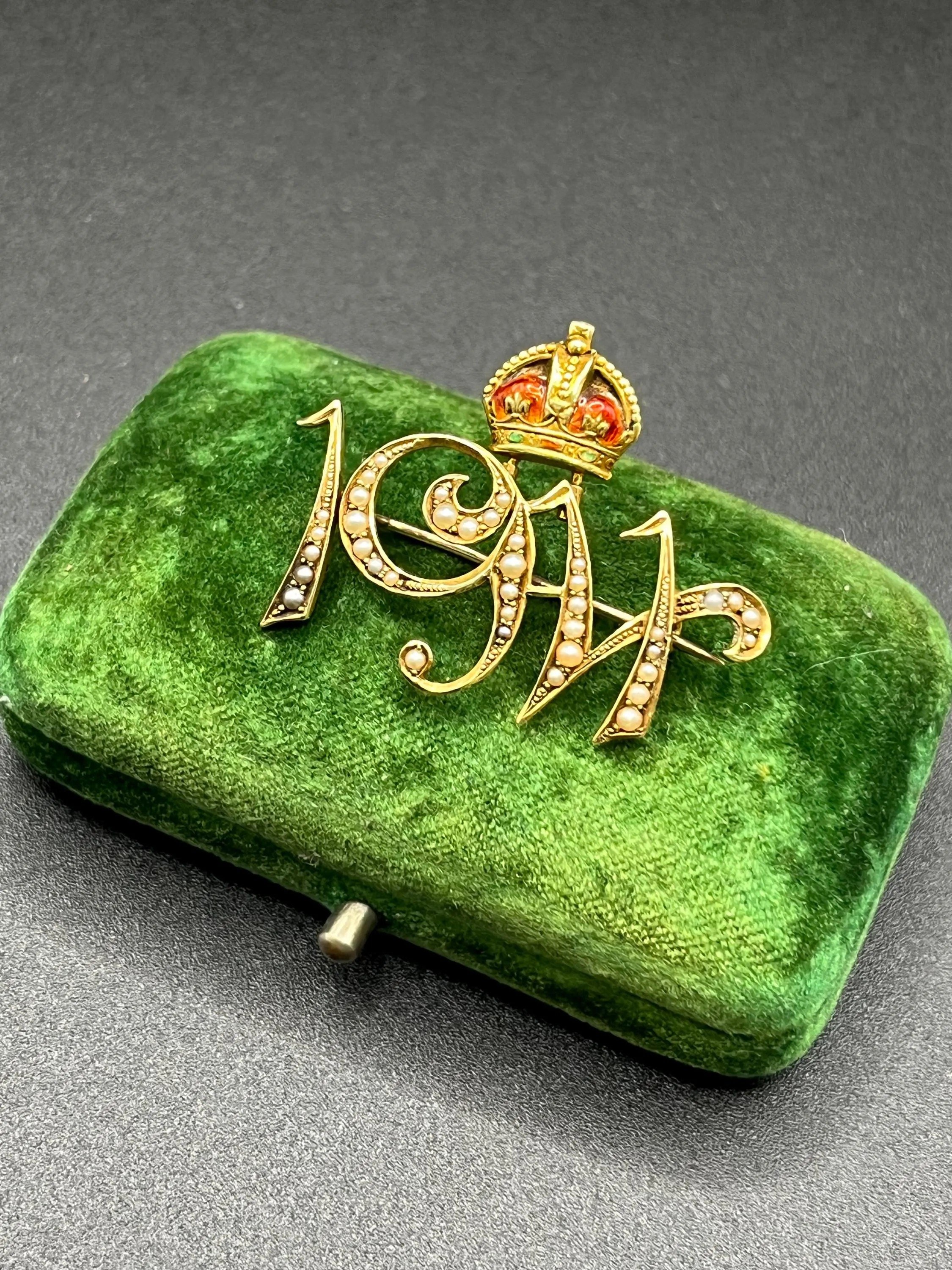 Antique 15ct Gold 1911 King George V Coronation Pearl Brooch with an Enamel Crown