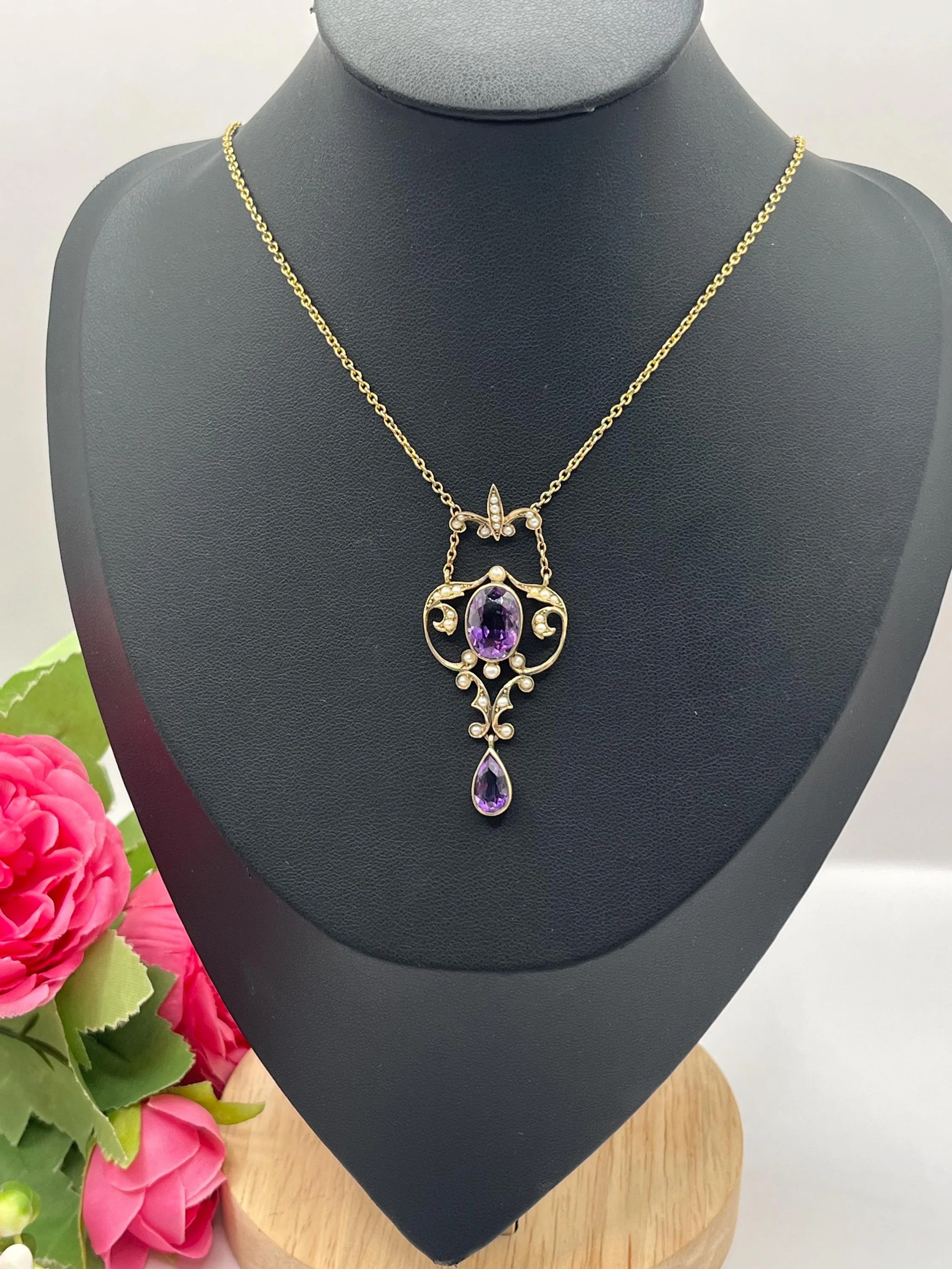 Antique 9ct Gold, Edwardian Amethyst & Seed Pearl Pendant Necklace