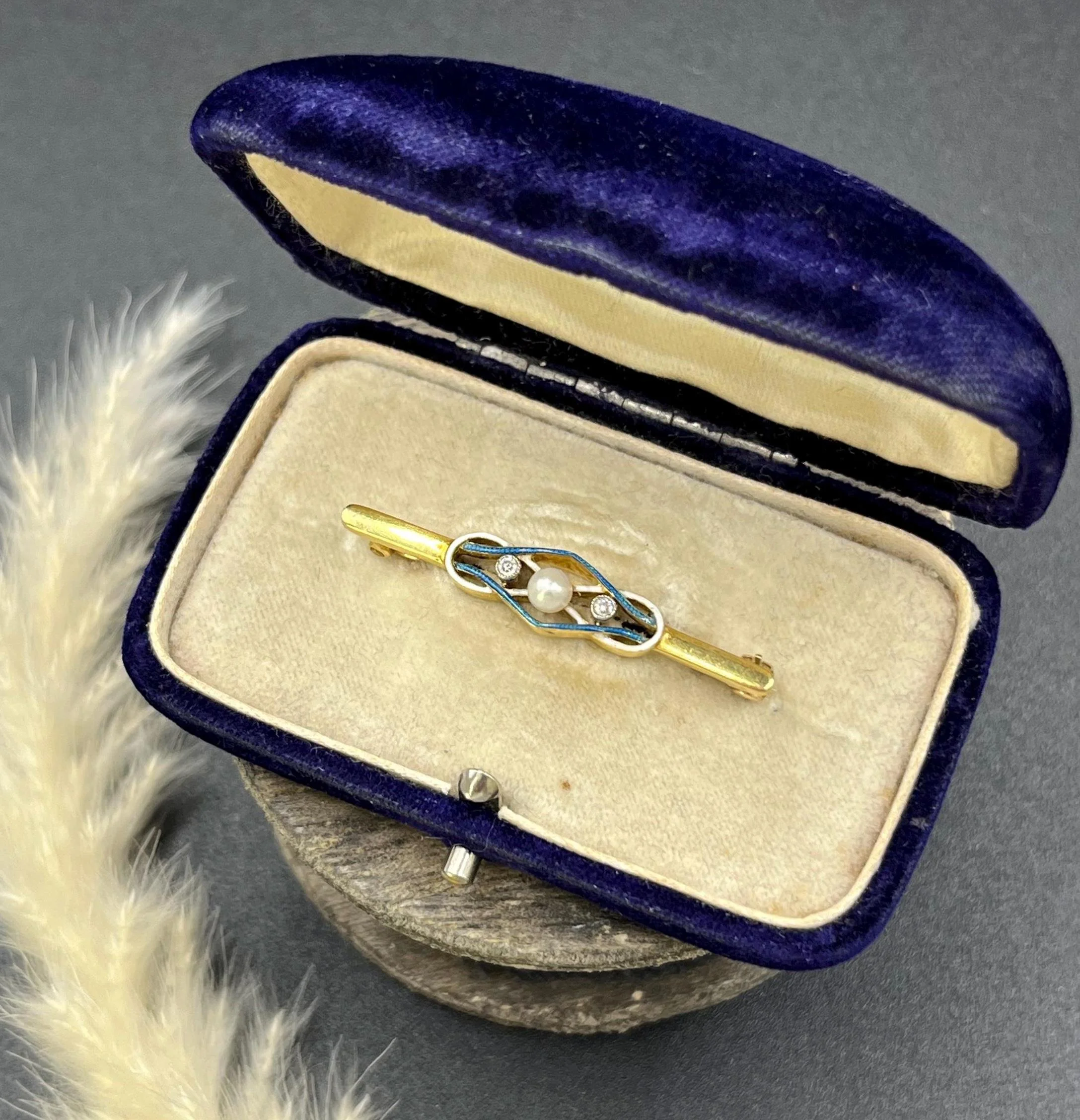 Antique 18ct Yellow Gold, Edwardian Blue and White Enamel, Diamond & Pearl Brooch, Circa 1910