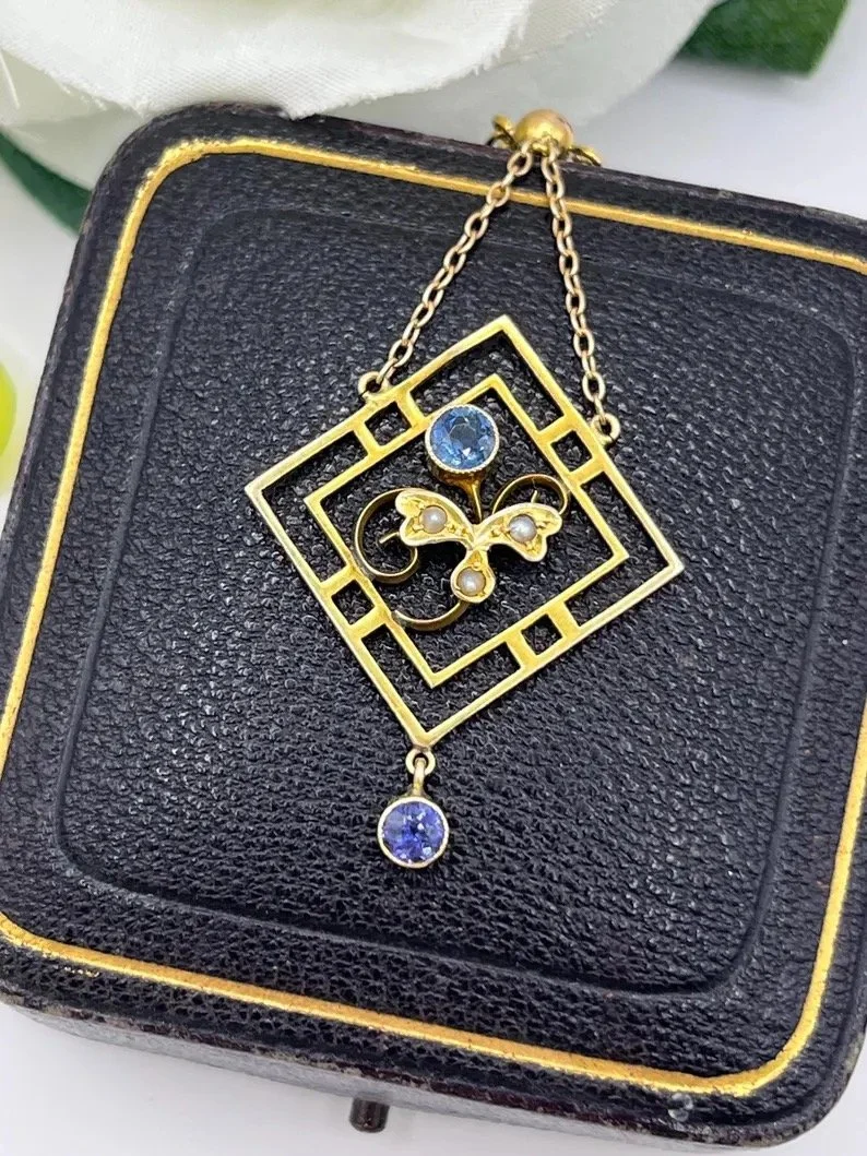 Antique 9ct Yellow Gold, Edwardian Sapphire & Seed Pearl Drop Pendant Necklace