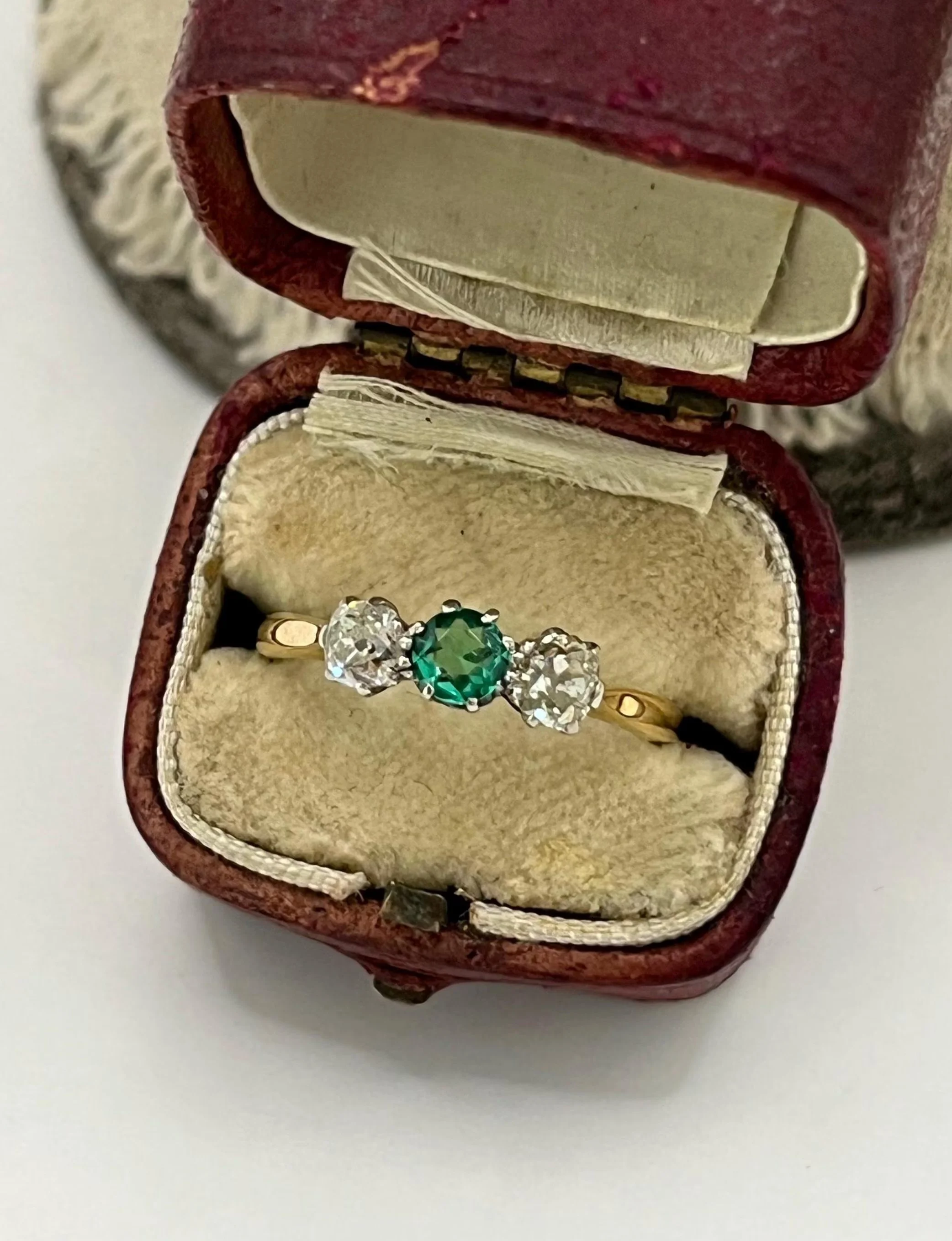 Antique 18ct Yellow Gold & Platinum Stamped, 1910s 3 Stone Emerald and Diamond Trilogy Ring