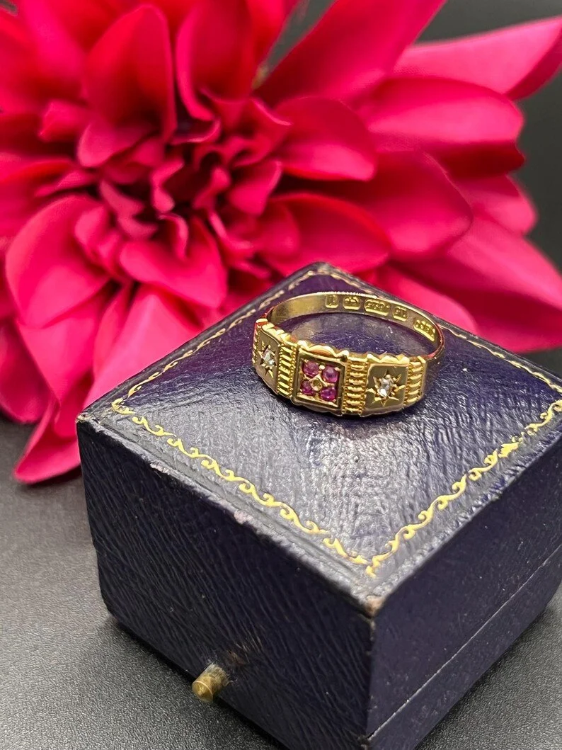 Antique 15ct Gold, Victorian Ruby & Diamond Gypsy Band Ring, Hallmarked Birmingham 1883