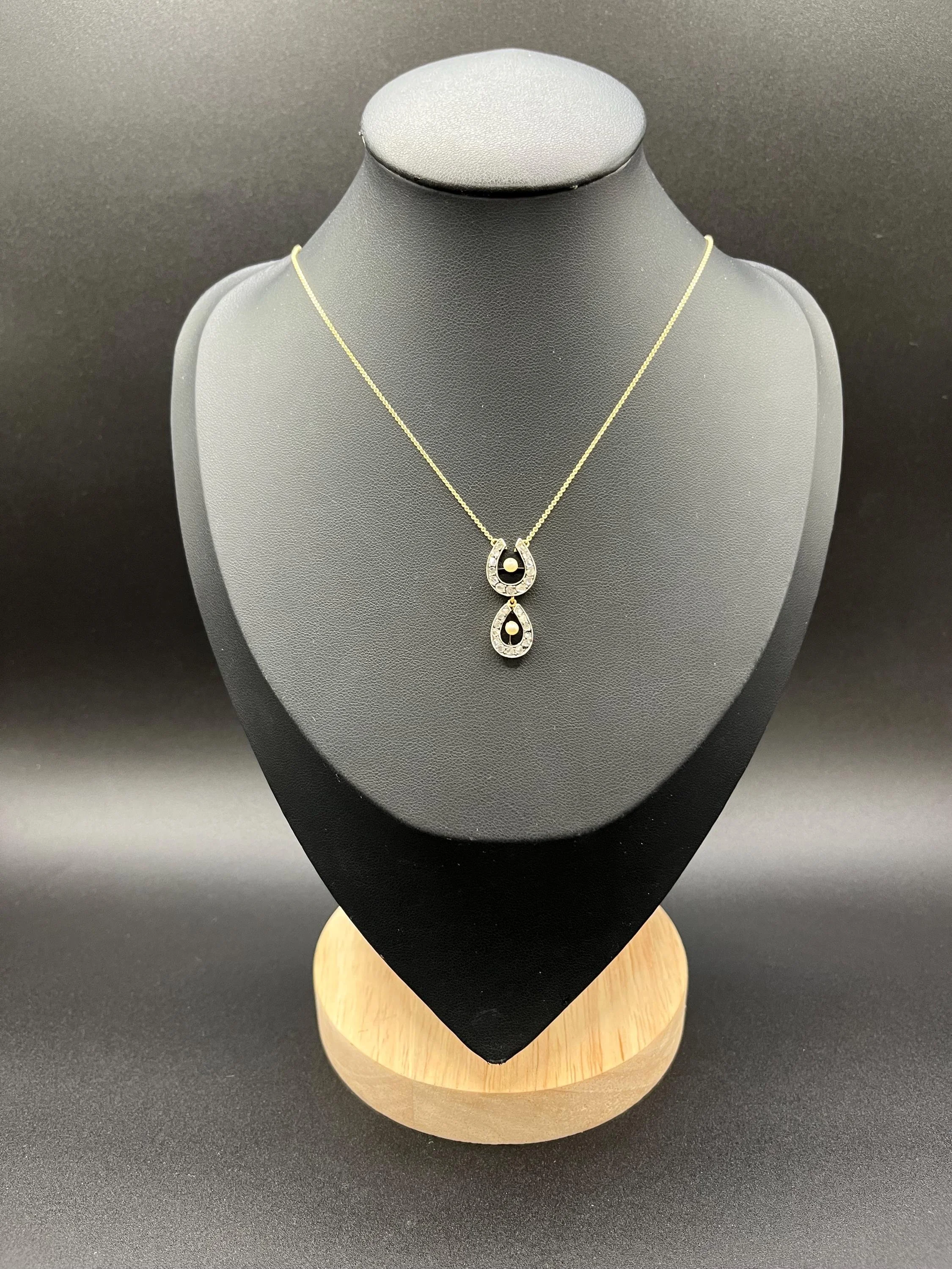 Antique 15ct Gold Silver, Double Diamond & Pearl, Lucky Horseshoe Pendant Necklace, Circa 1900