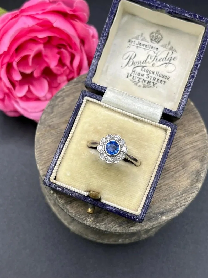 Vintage 9ct White Gold Stamped, 1960s Sapphire & Diamond Cluster Ring